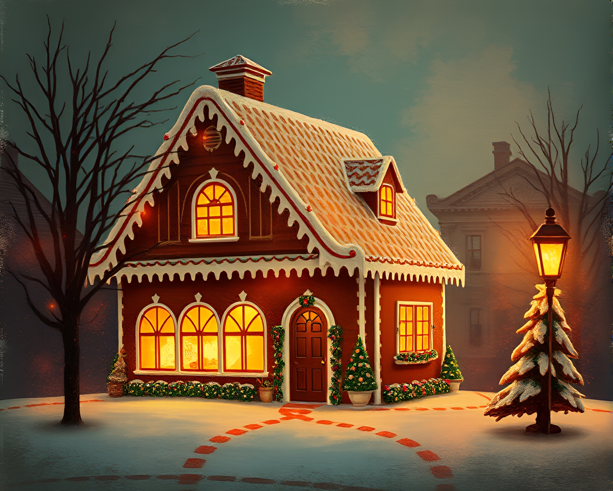 Dadaist Gingerbread House in Digital Twilight Haze – free AI stock image