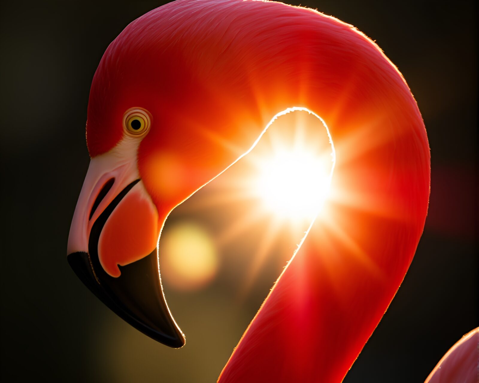 Detailed macro image of flamingo in golden lens flare eclipse shadow