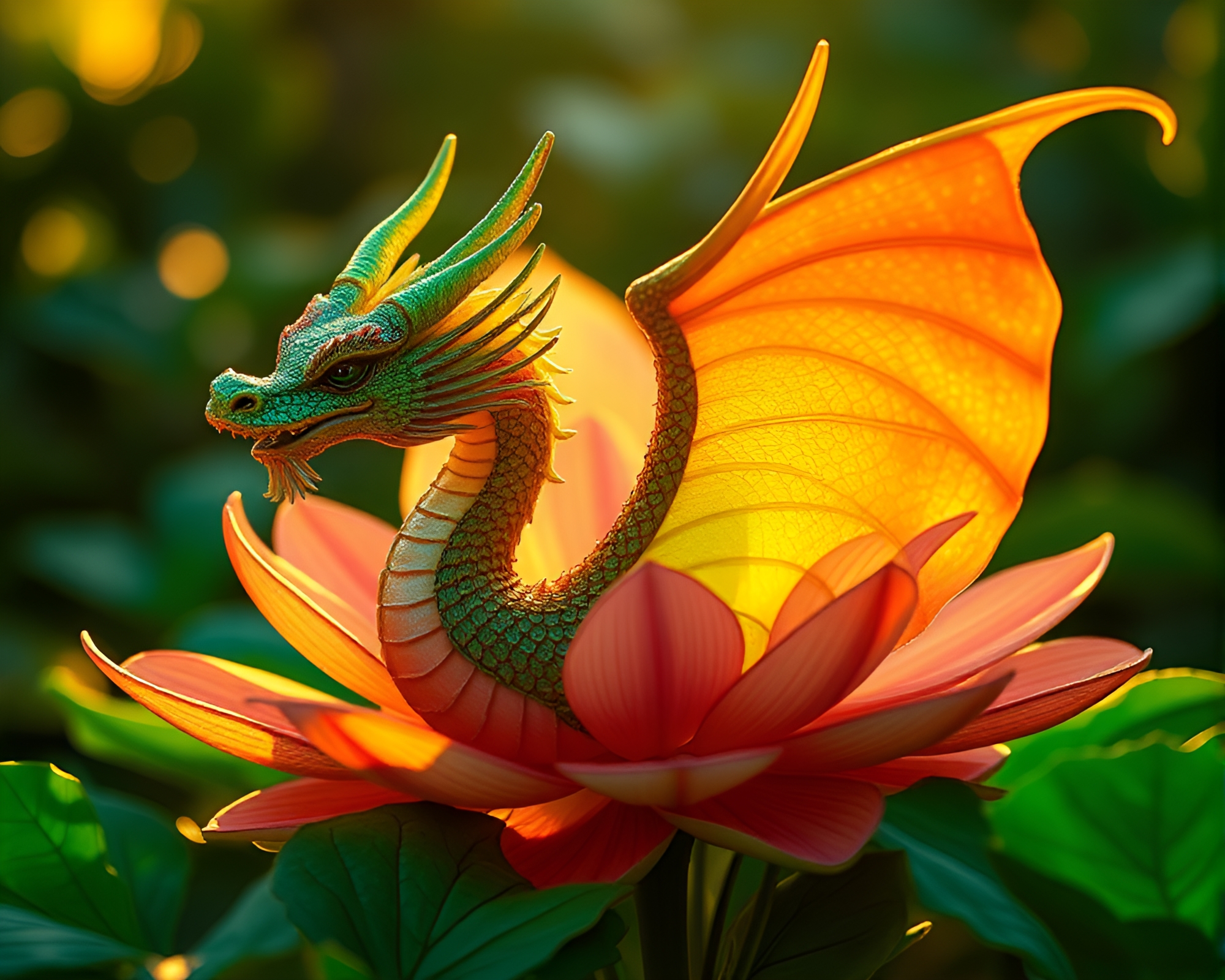 Dragon intertwined with emerald flower petals at golden hour – free AI stock image