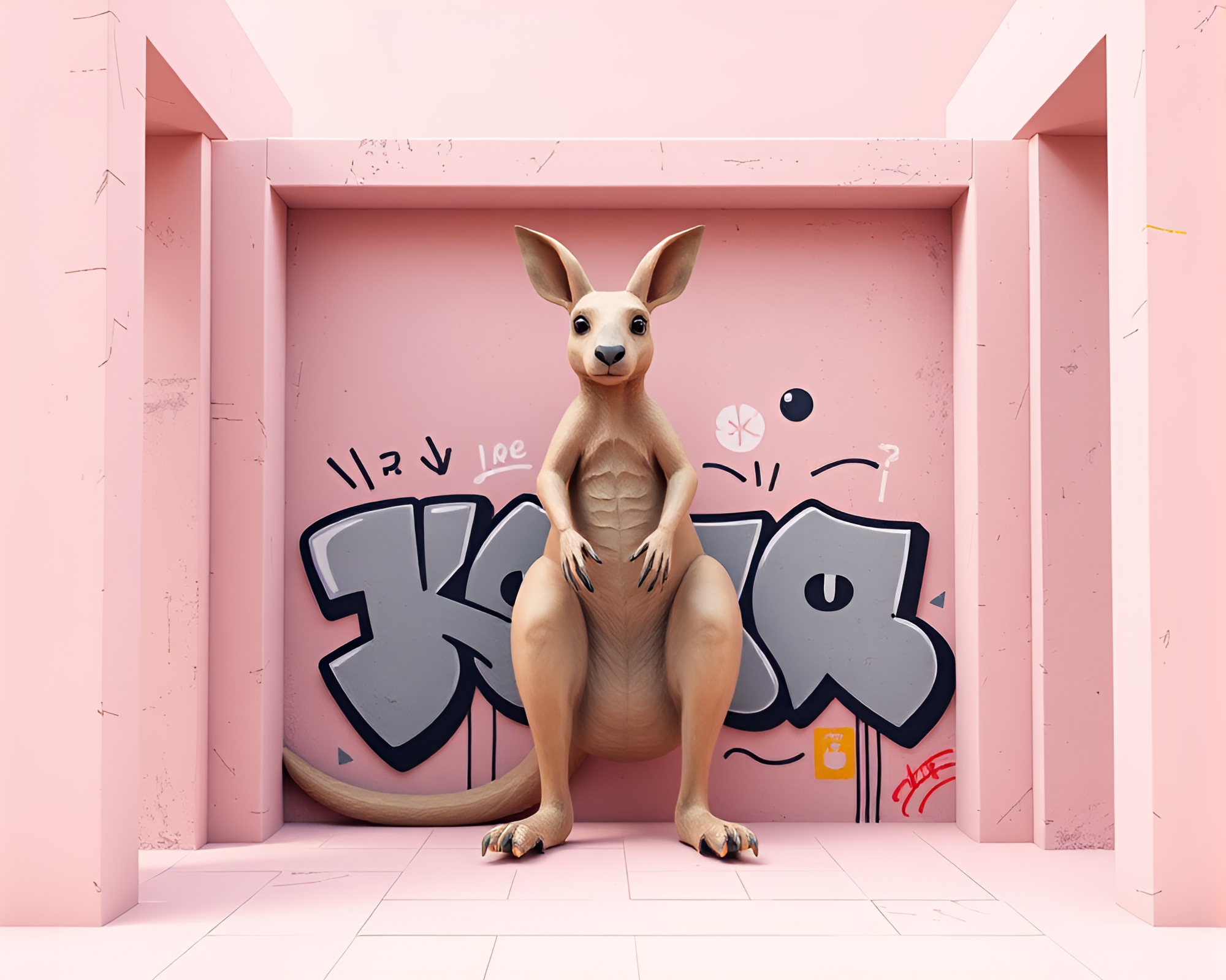 Kangaroo Architecture: Pastel Graffiti Framed in Low-Poly 3D – free AI stock image
