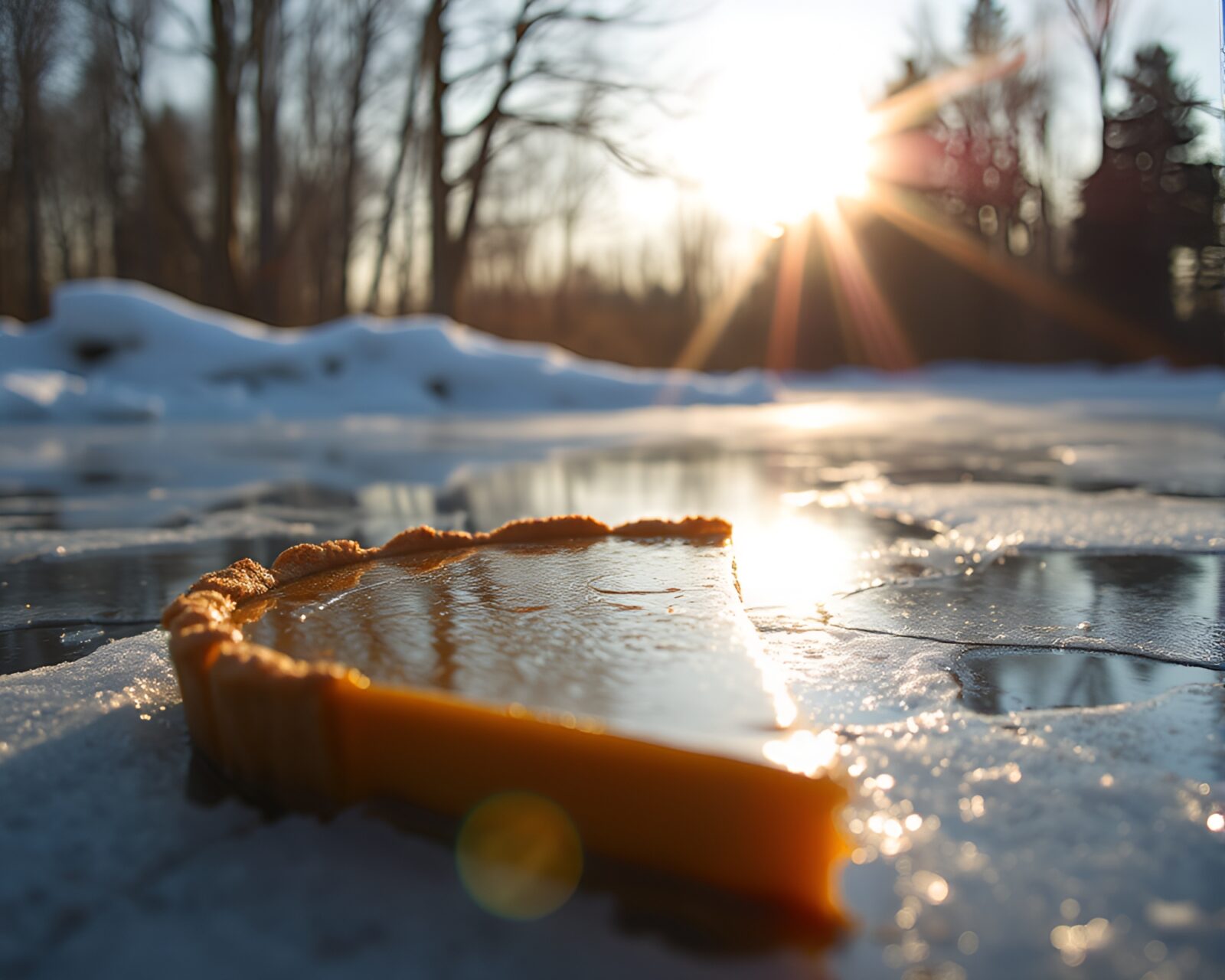 Pumpkin pie surrounded by icy reflections and lens flare