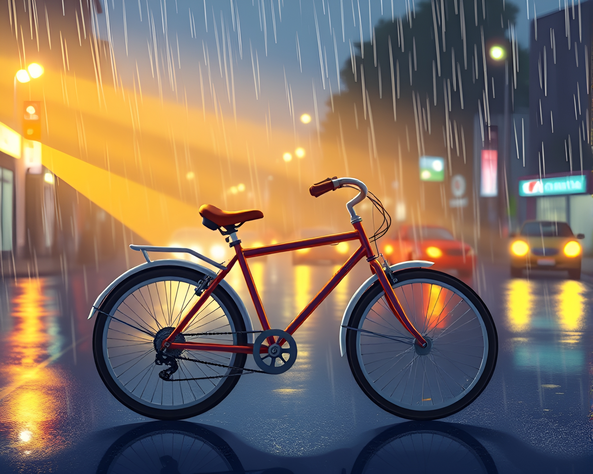 Rainy Cartoon Bicycle Chase with Laser Beam Showdown – free AI stock image