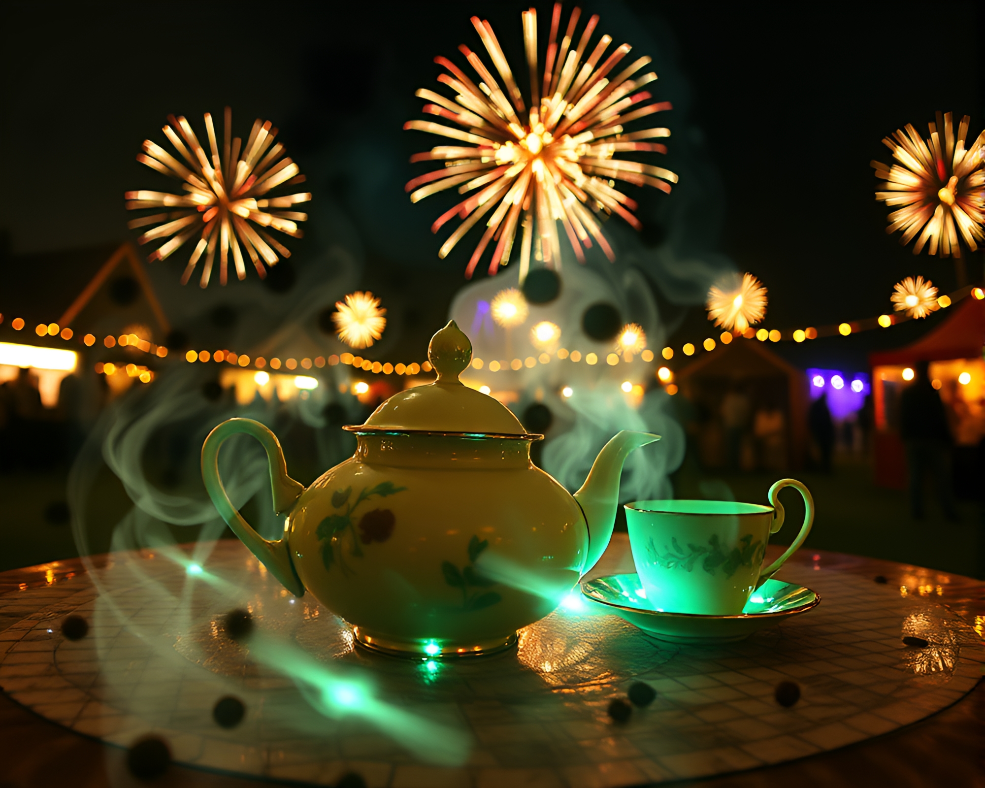 Alice Tea Party Double Exposure Fireworks Glow – free AI stock image
