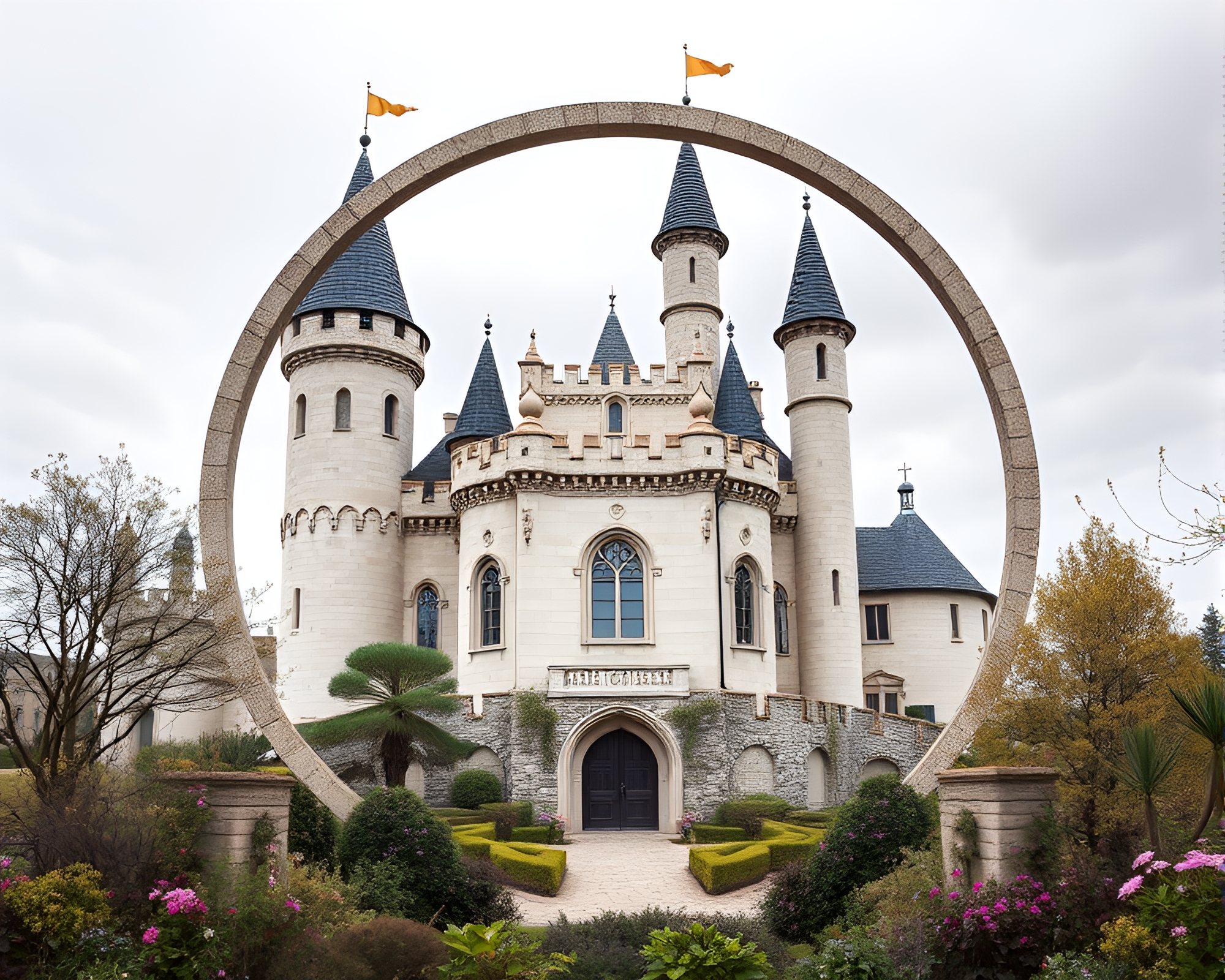 Enchanting Bio-Organic Castle in Pastel Circular Frame – free AI stock image