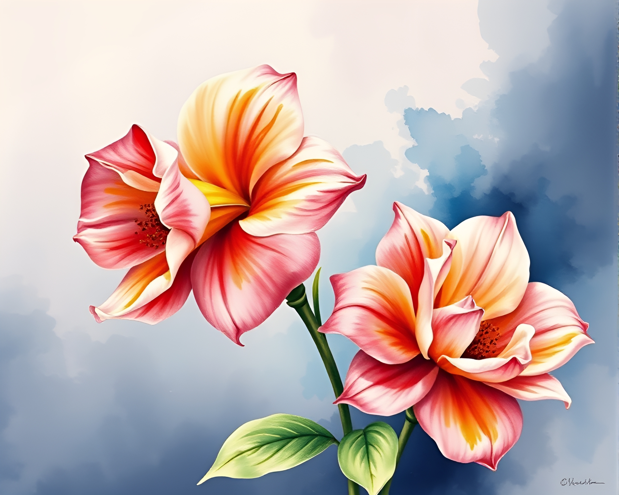 Trumpet Blooms: Watercolor Lithography with Matte Finish – free AI stock image
