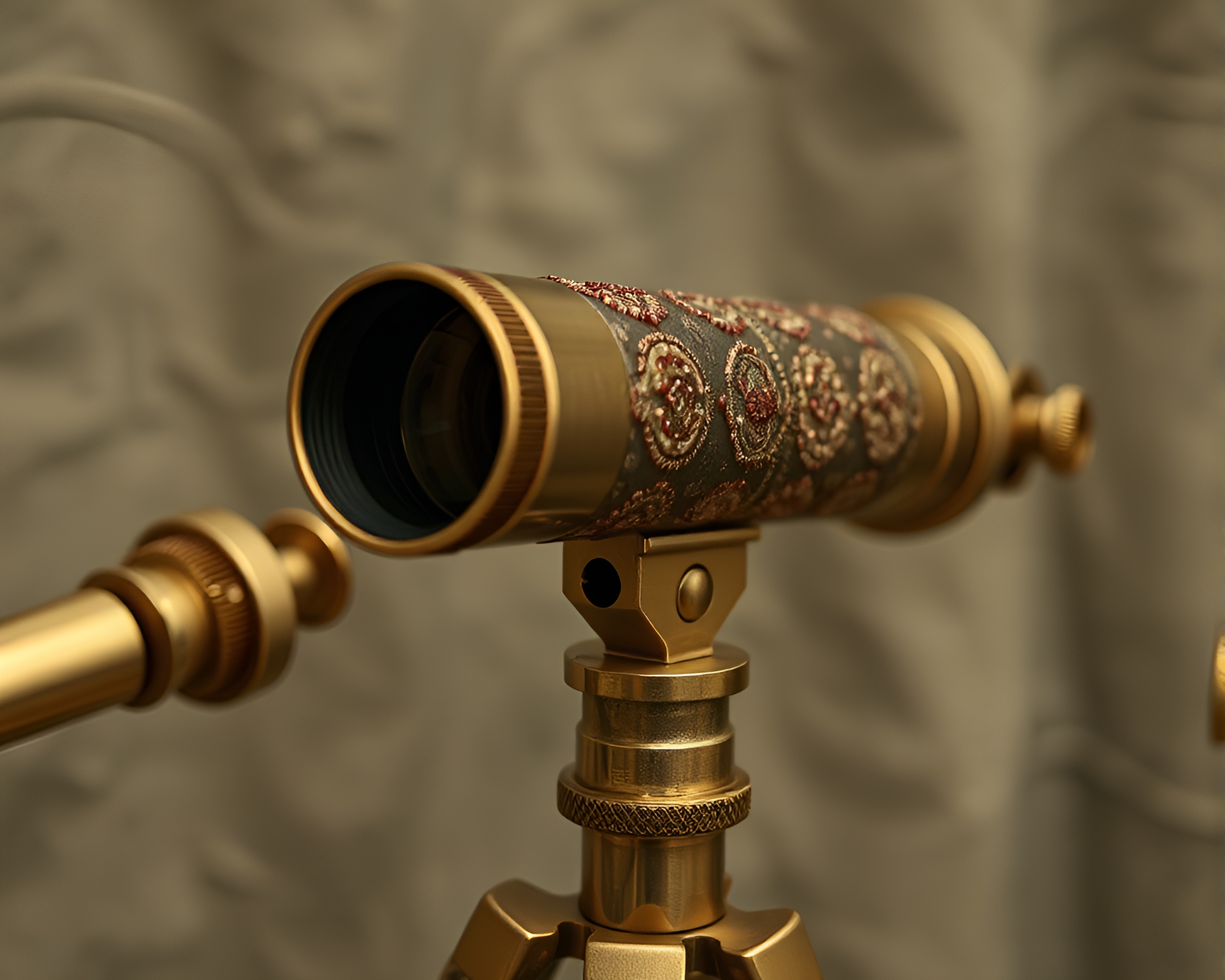 Embroidered Brass Telescope in Muted Earth Tones – free AI stock image