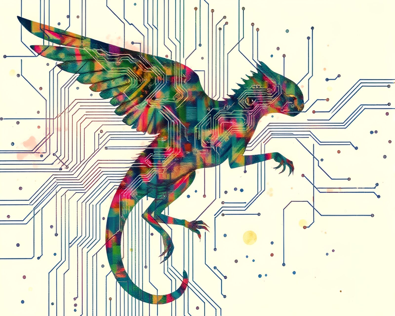 Colorful watercolor painting of a chimera blending with circuit board traces