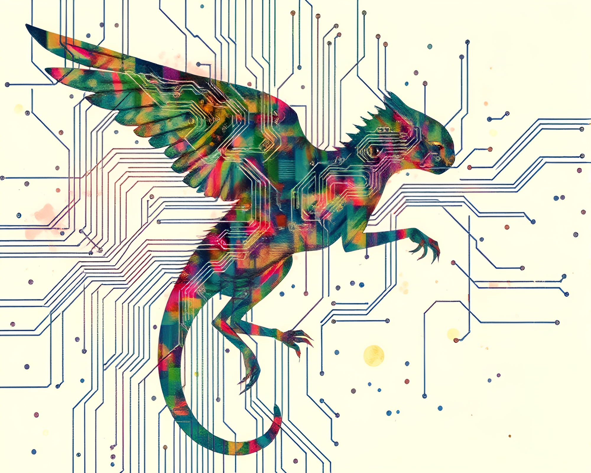 Chimera Wildlife Watercolor Circuit Board Art – free AI stock image