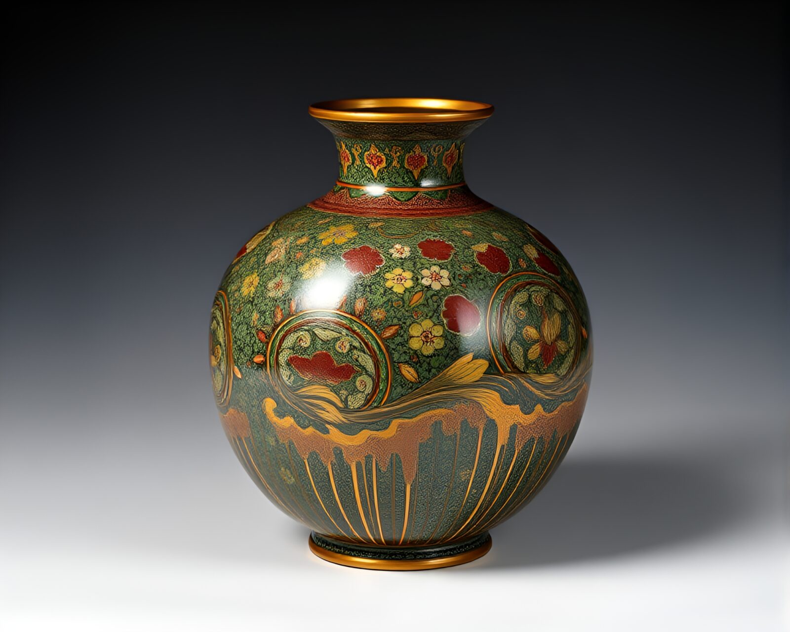 Colorful cloisonné vase on dripped paint background