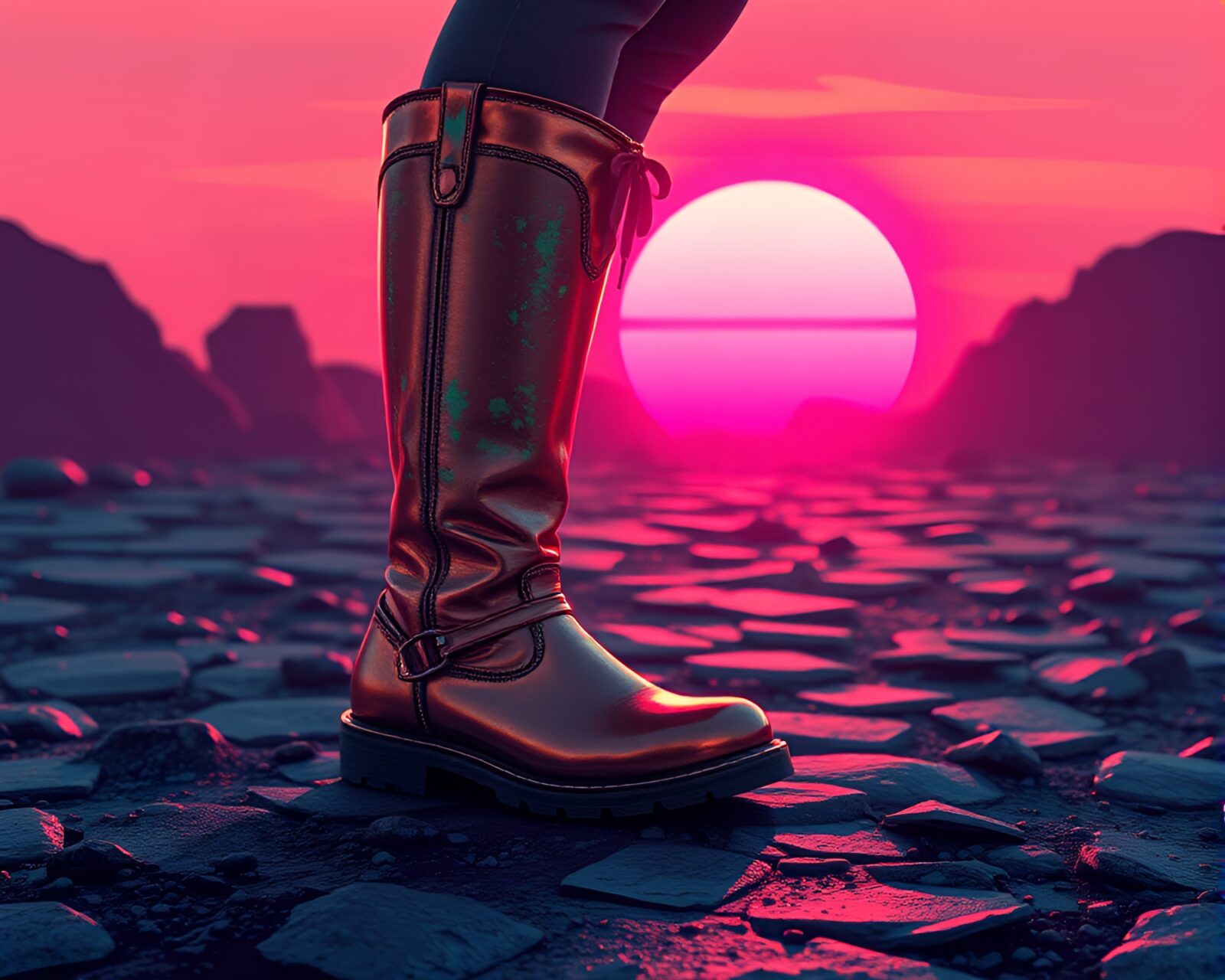 Retro pixel art of gravity boots gleaming in pink sunrise