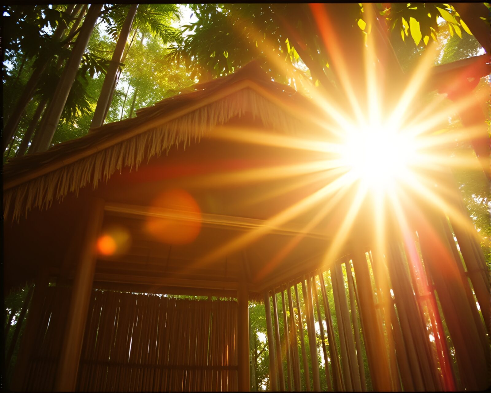 Rustic bamboo hut illuminated by glowing lens flare in vintage style