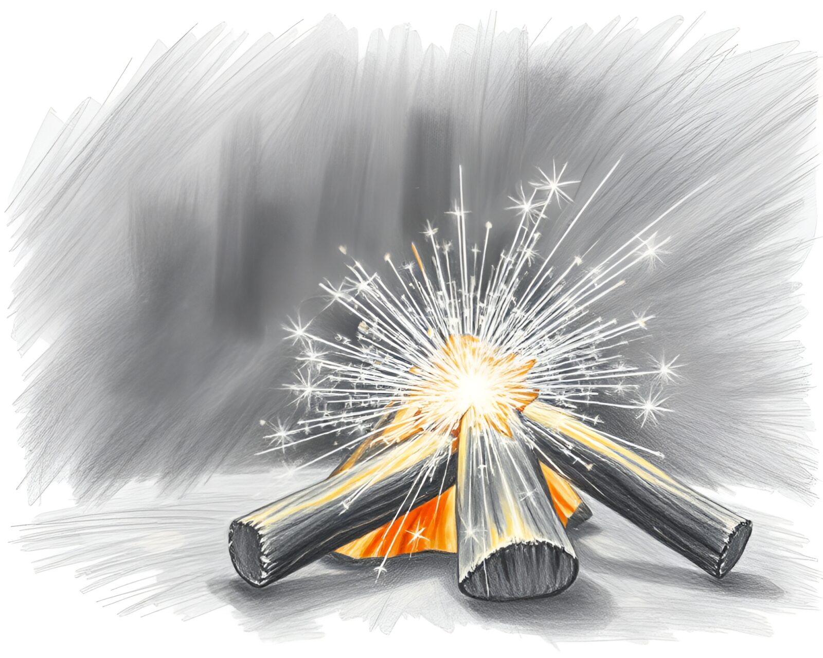 Intricate pencil sketch of Murano glass pieces glowing in bonfire light