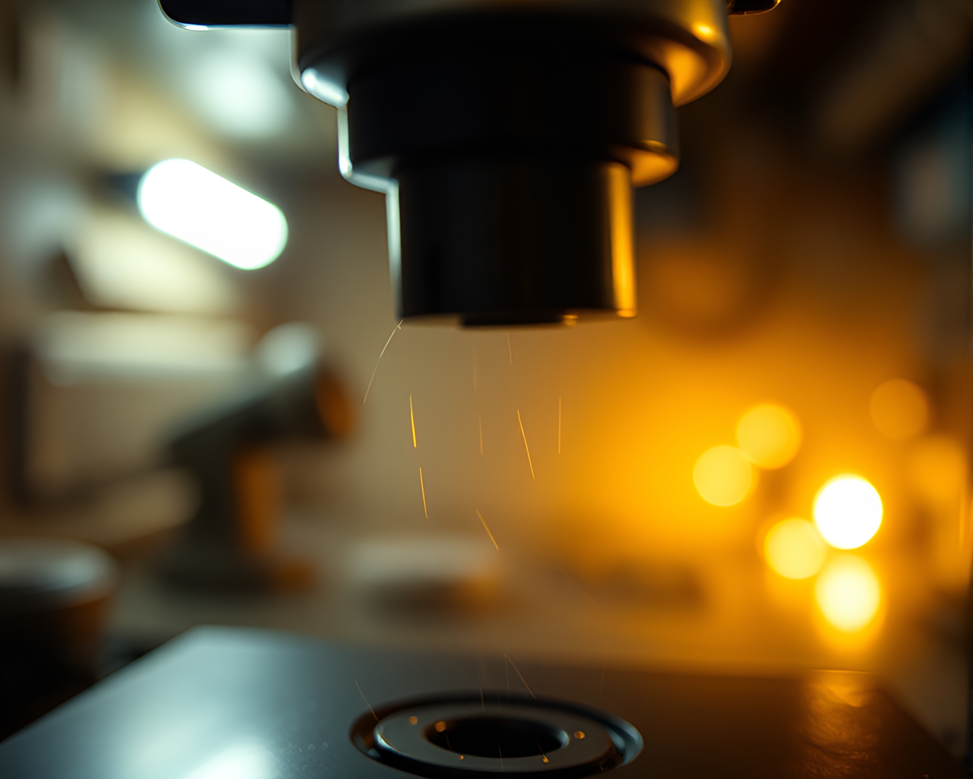Miniature Metallic Microscopic World in Dim Basement Light – free AI stock image