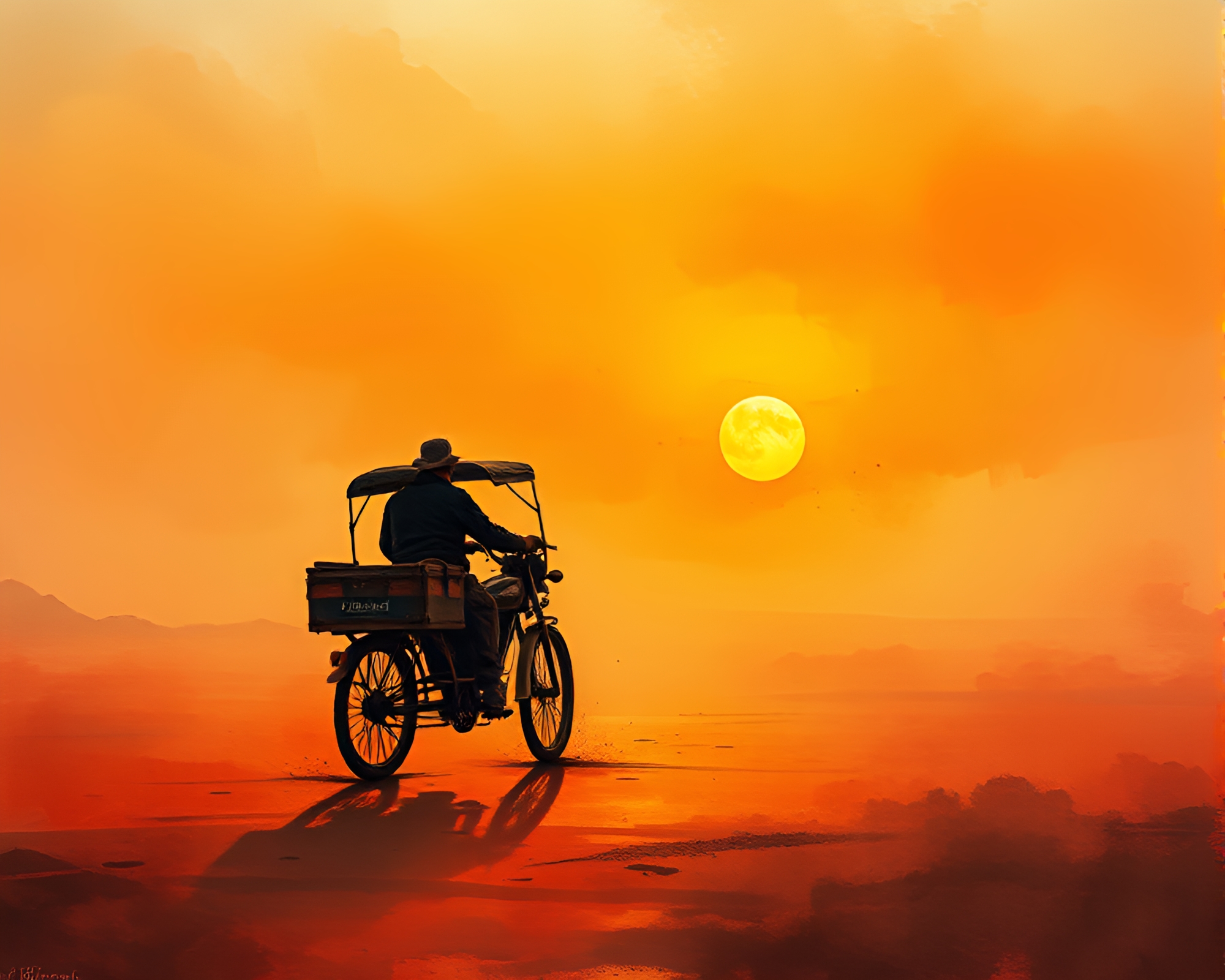 Desert Sunset Rickshaw Through Water Distortion – free AI stock image