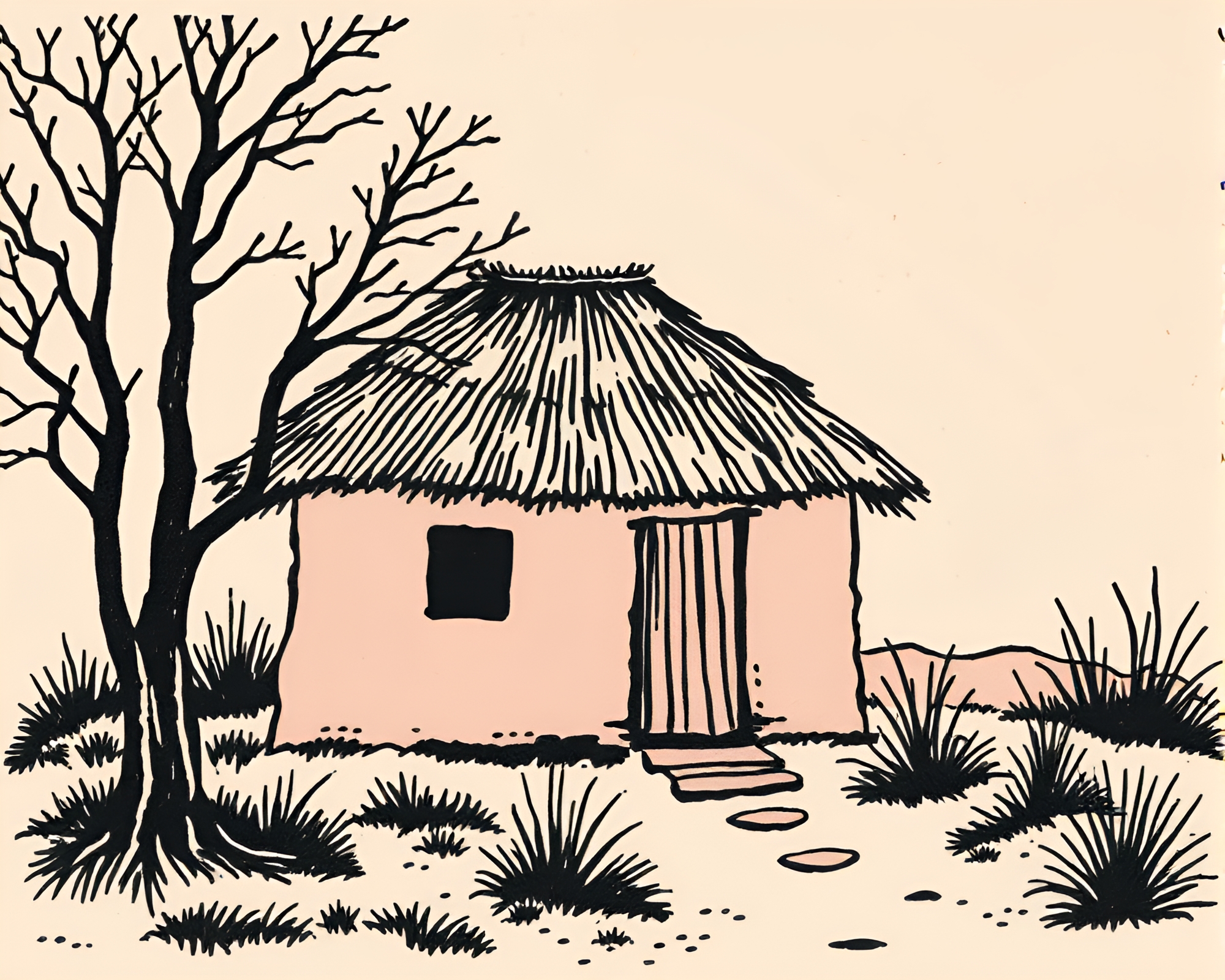 Blush Pink Mud Hut Woodblock Print – free AI stock image