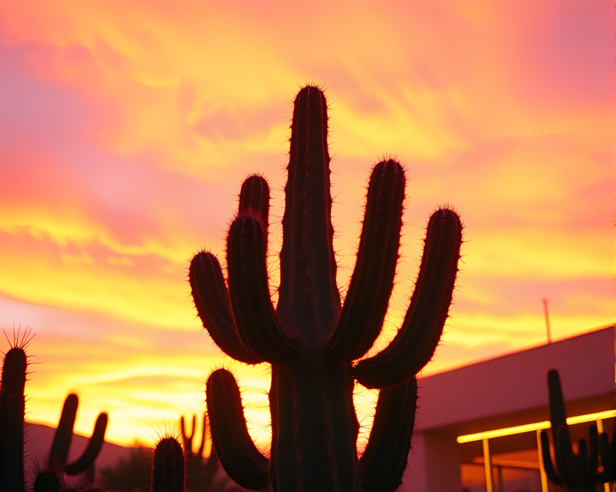 Neon Cactus Sunset Film Burn Rendering – free AI stock image