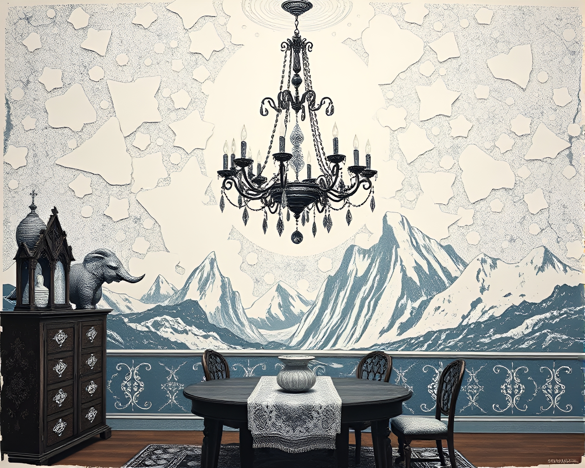 Victorian Chandelier in Antarctic Whiteout Linocut Mural – free AI stock image