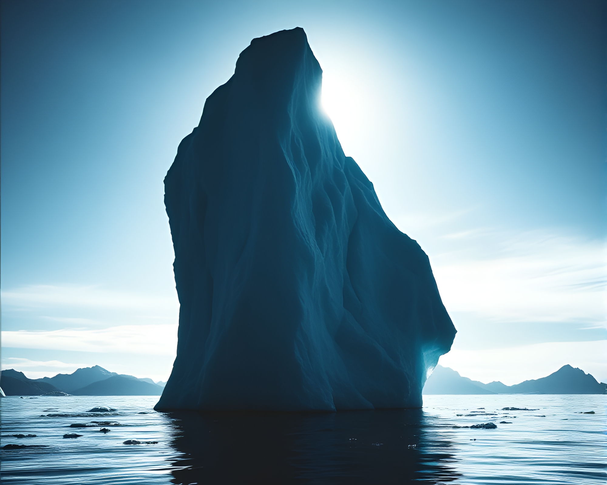 Arctic Grunge: Backlit Iceberg Silhouette – free AI stock image