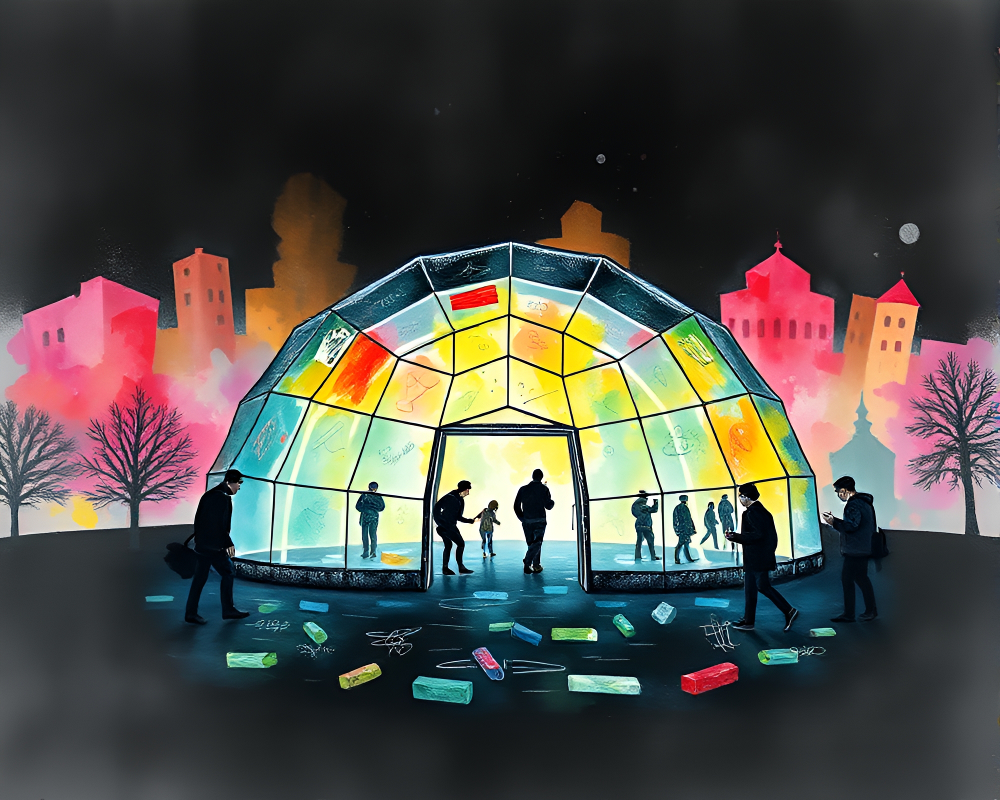Chalk Scrawls in Glass Igloo Watercolor Wash – free AI stock image