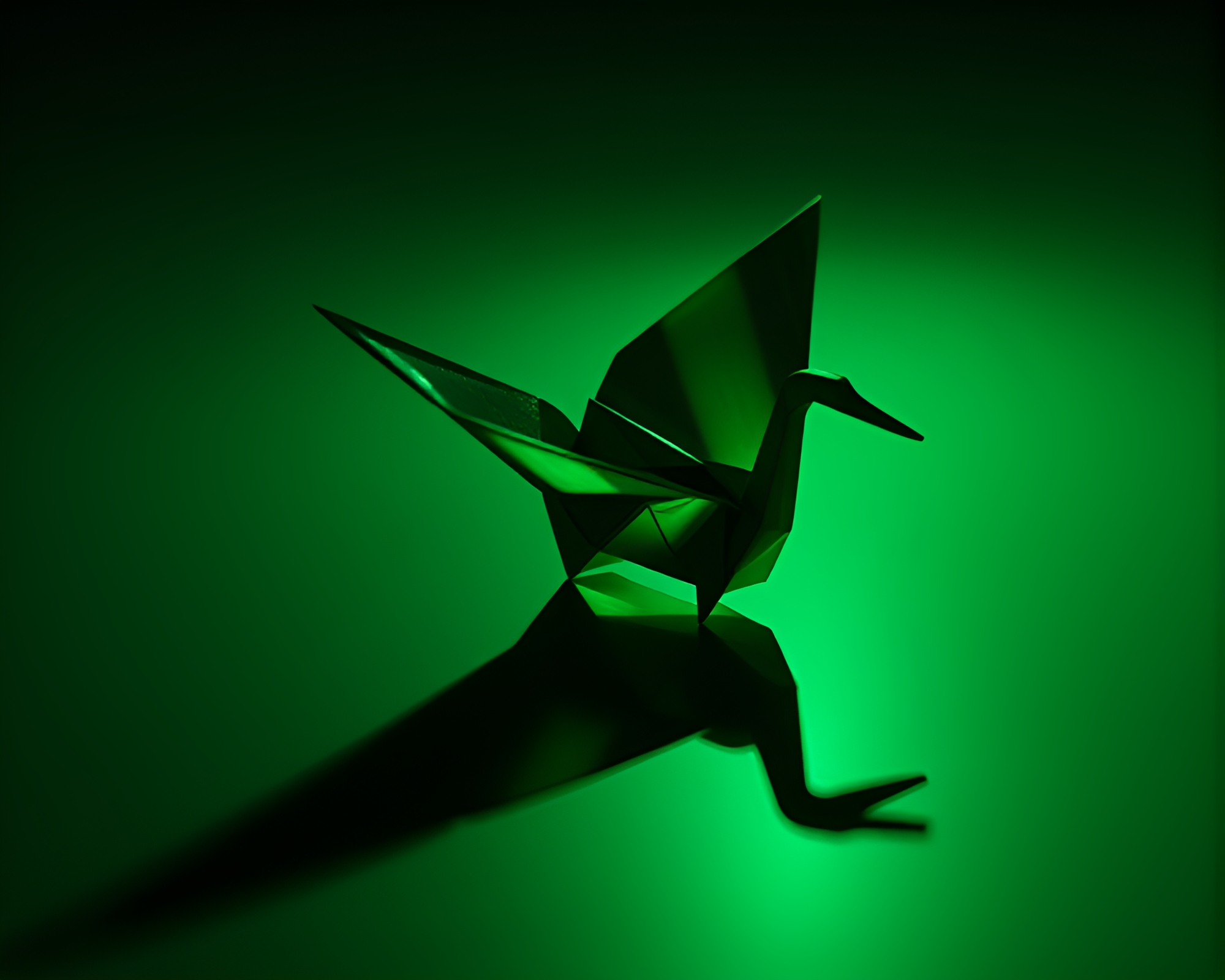 Glowing Emerald Origami Crane Reflection Silhouette – free AI stock image