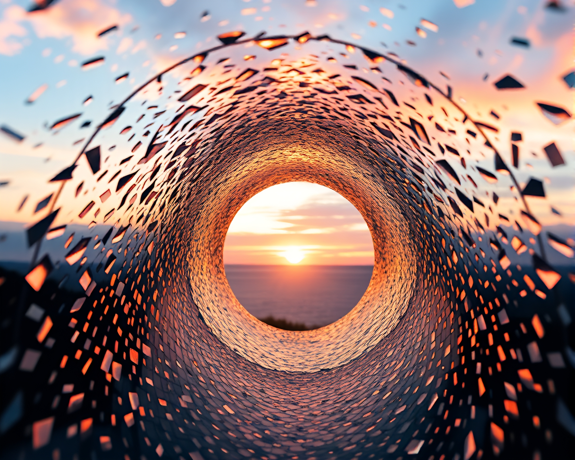 Sunrise Glass Tunnel Mosaic Pattern Backscatter Flare – free AI stock image
