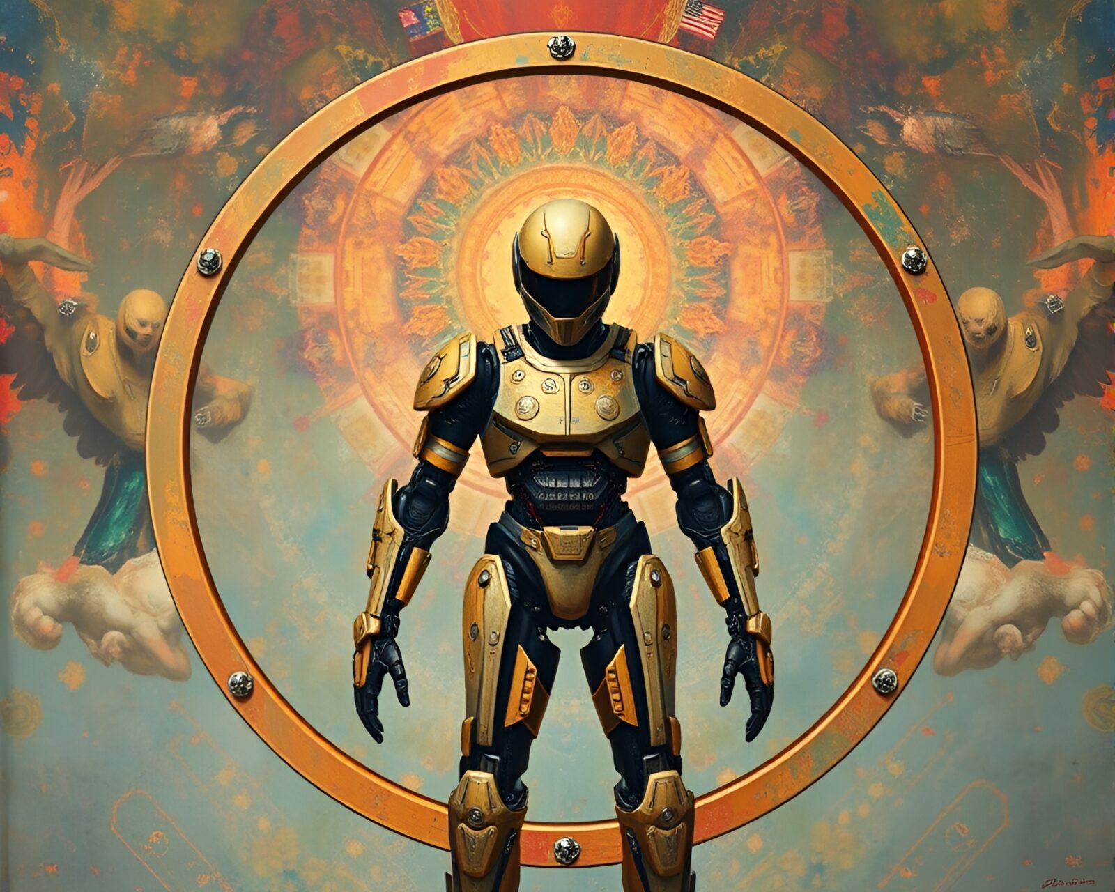 Circular framed artwork of hyper-saturated exoskeleton suit in ancient style