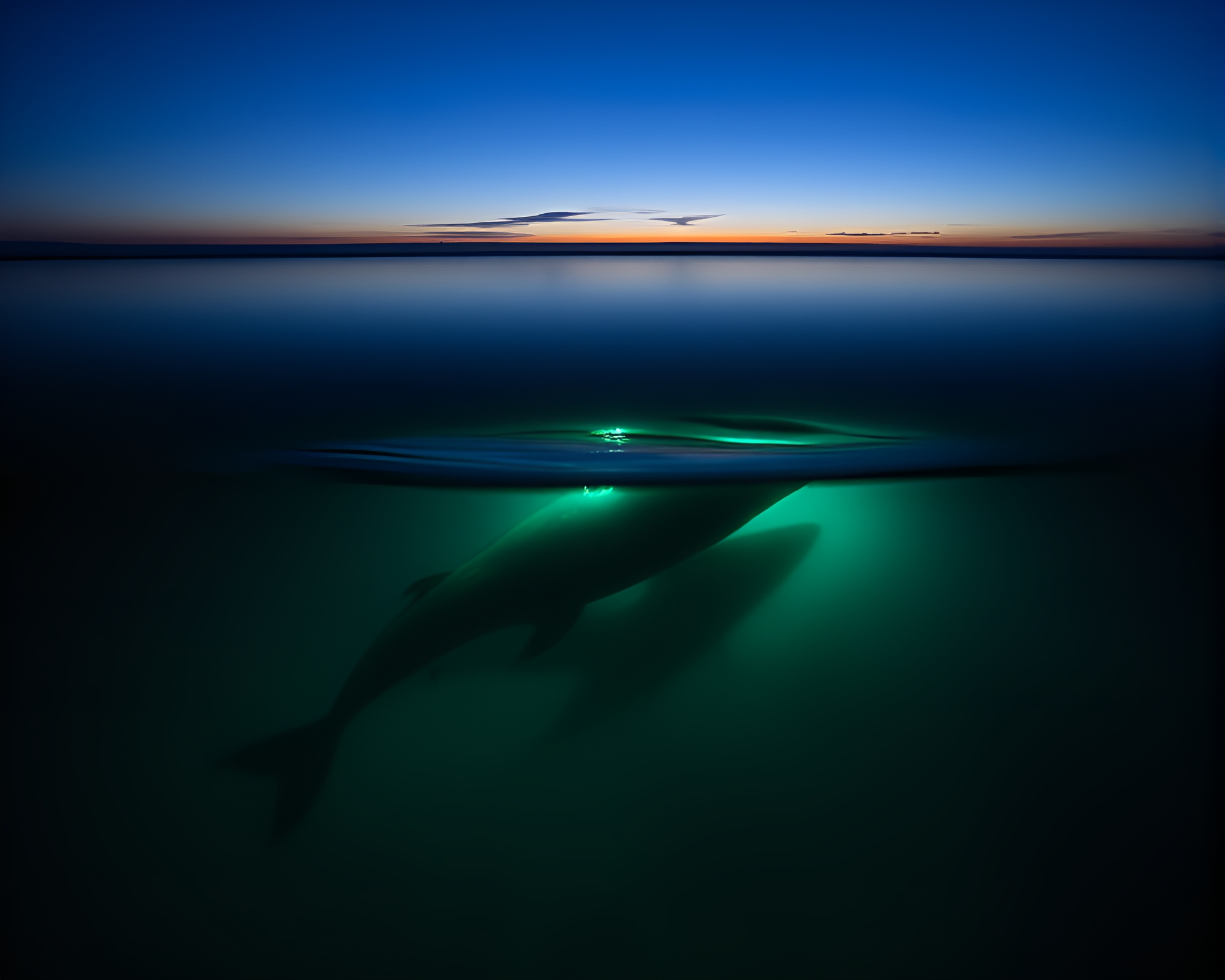 Whale’s Ethereal Journey through Turquoise Light Trails – free AI stock image