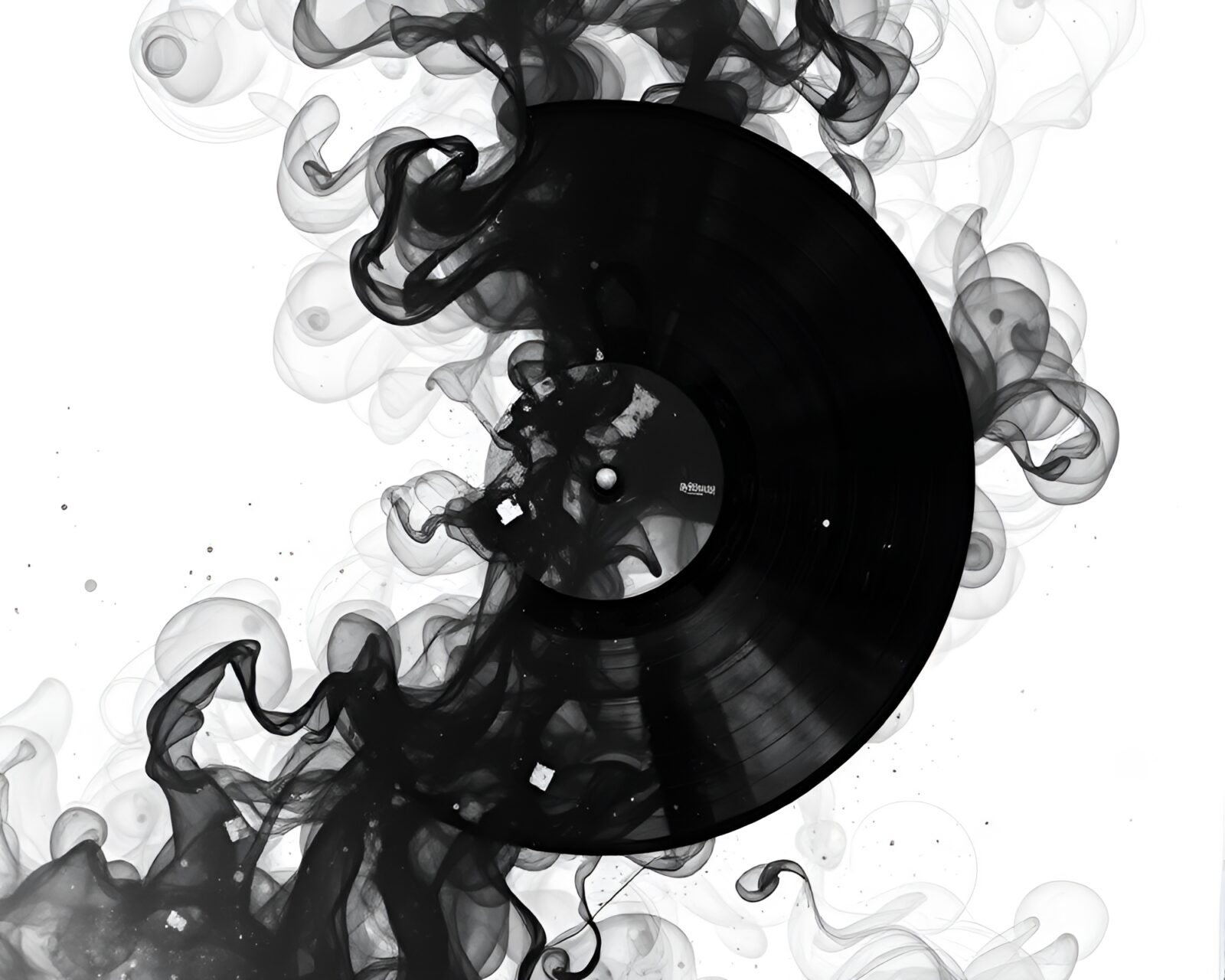 Colorful smoke rings swirling around vinyl record in vibrant chaos