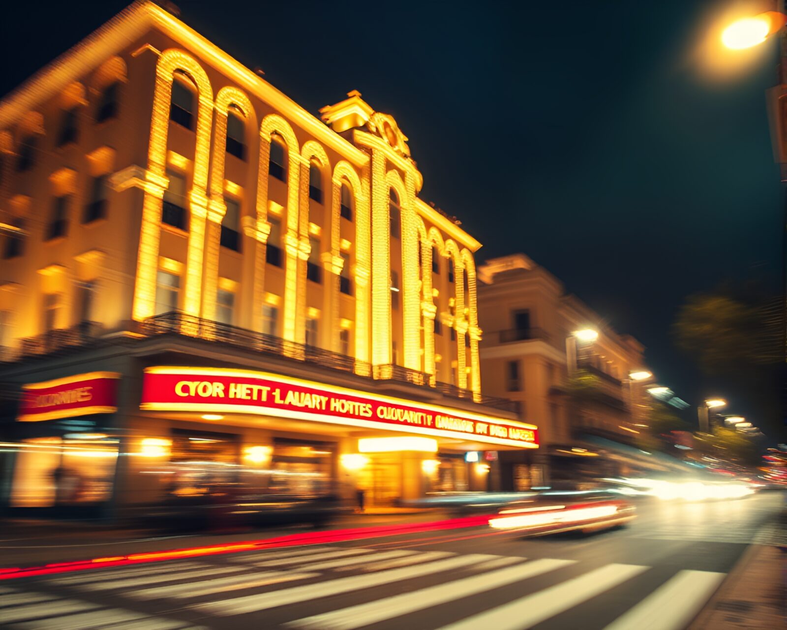 Bright, dreamlike scene of a motion-blurred art deco hotel.