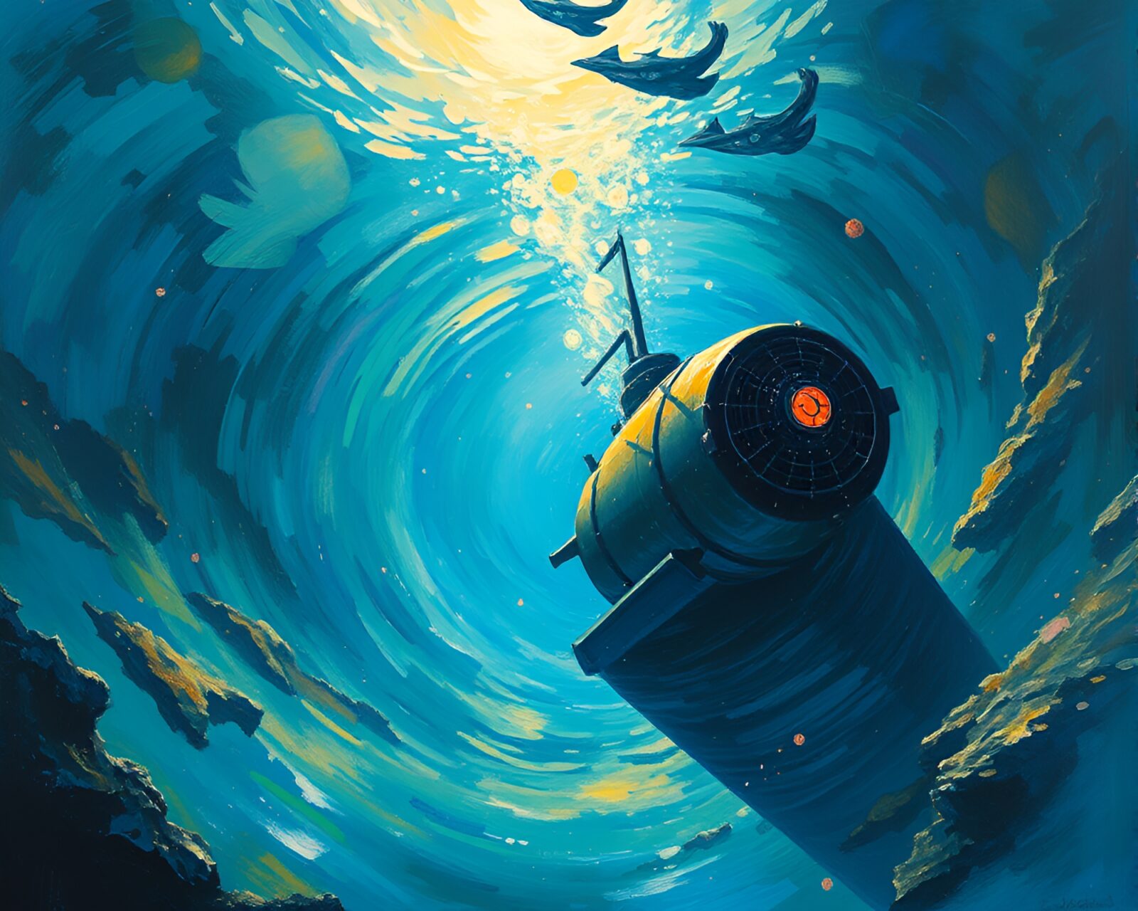 Colorful underwater submarine scene with swirling vortex effect