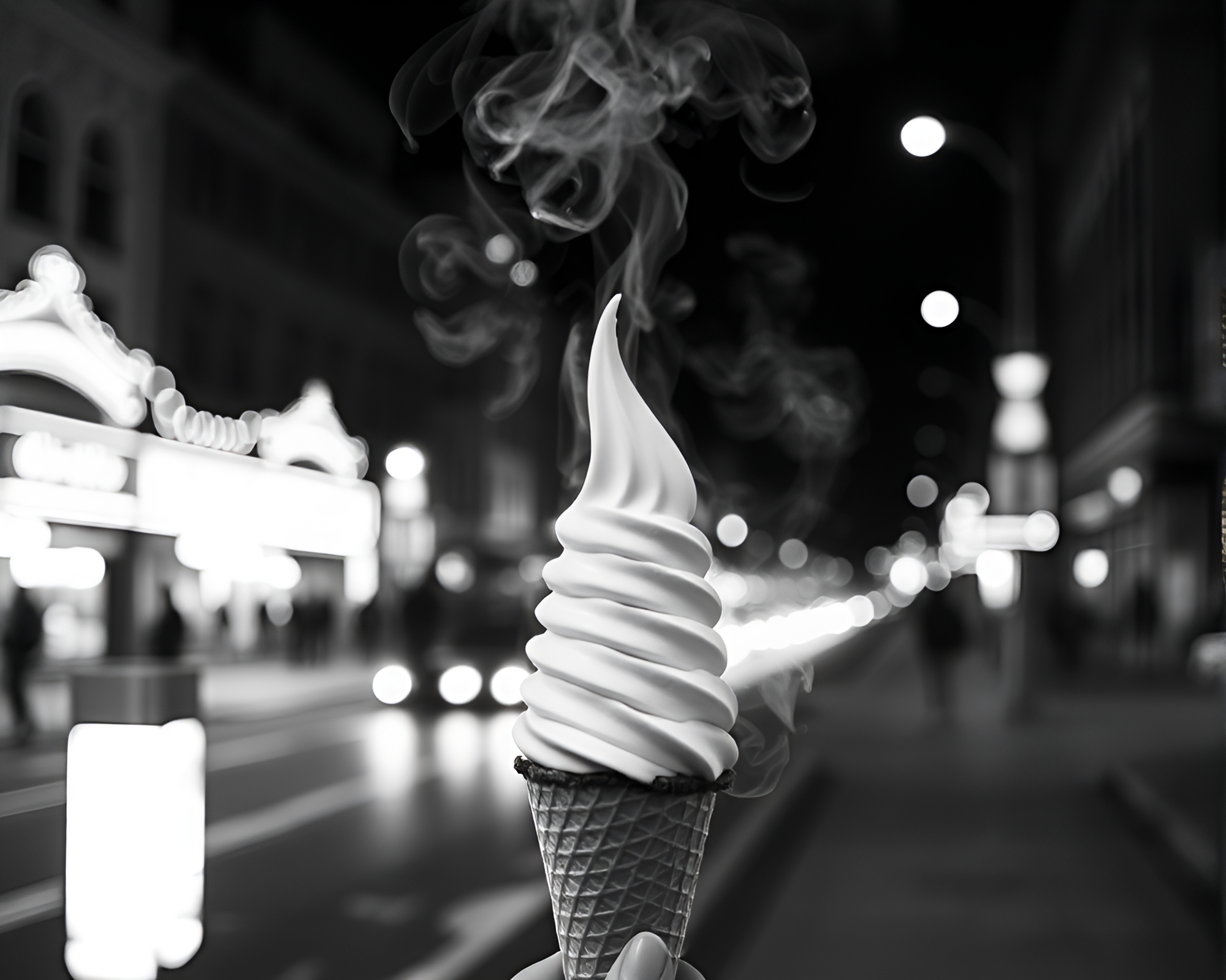 Urban Noir Gelato Dream: Steam Vapor, City Lights – free AI stock image
