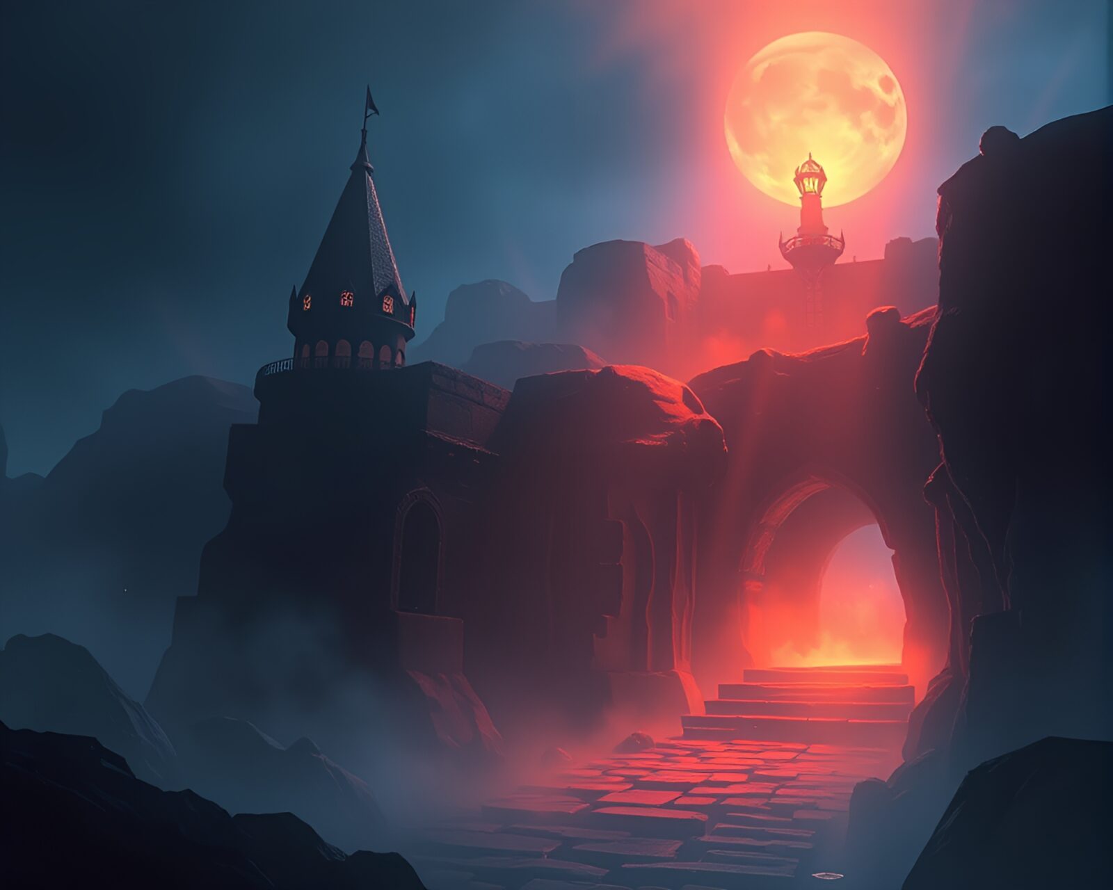 Illustration of misty holographic display in dungeon with torchlight shadows