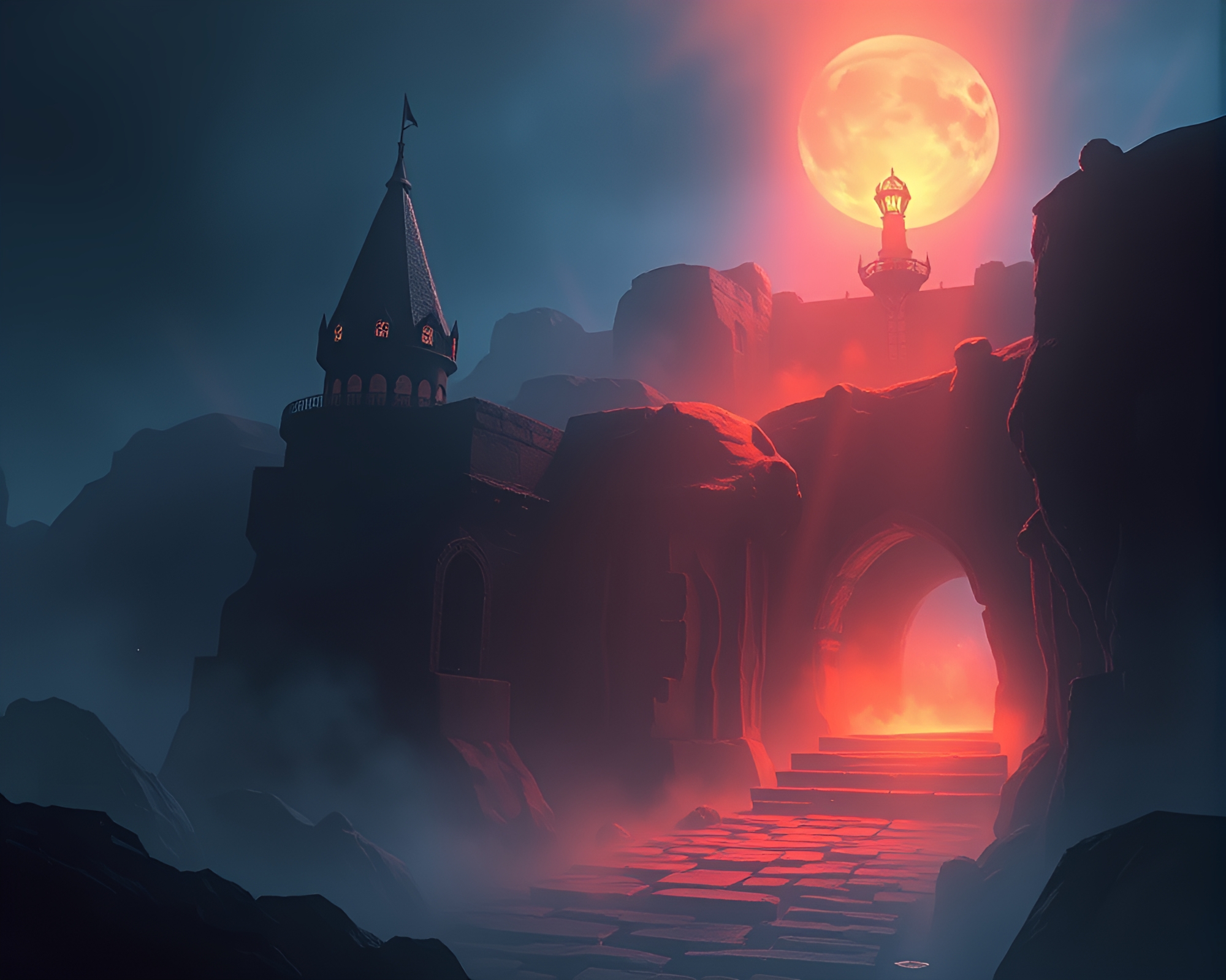 Ethereal holographic fog banks reveal dungeon torchlight silhouette – free AI stock image