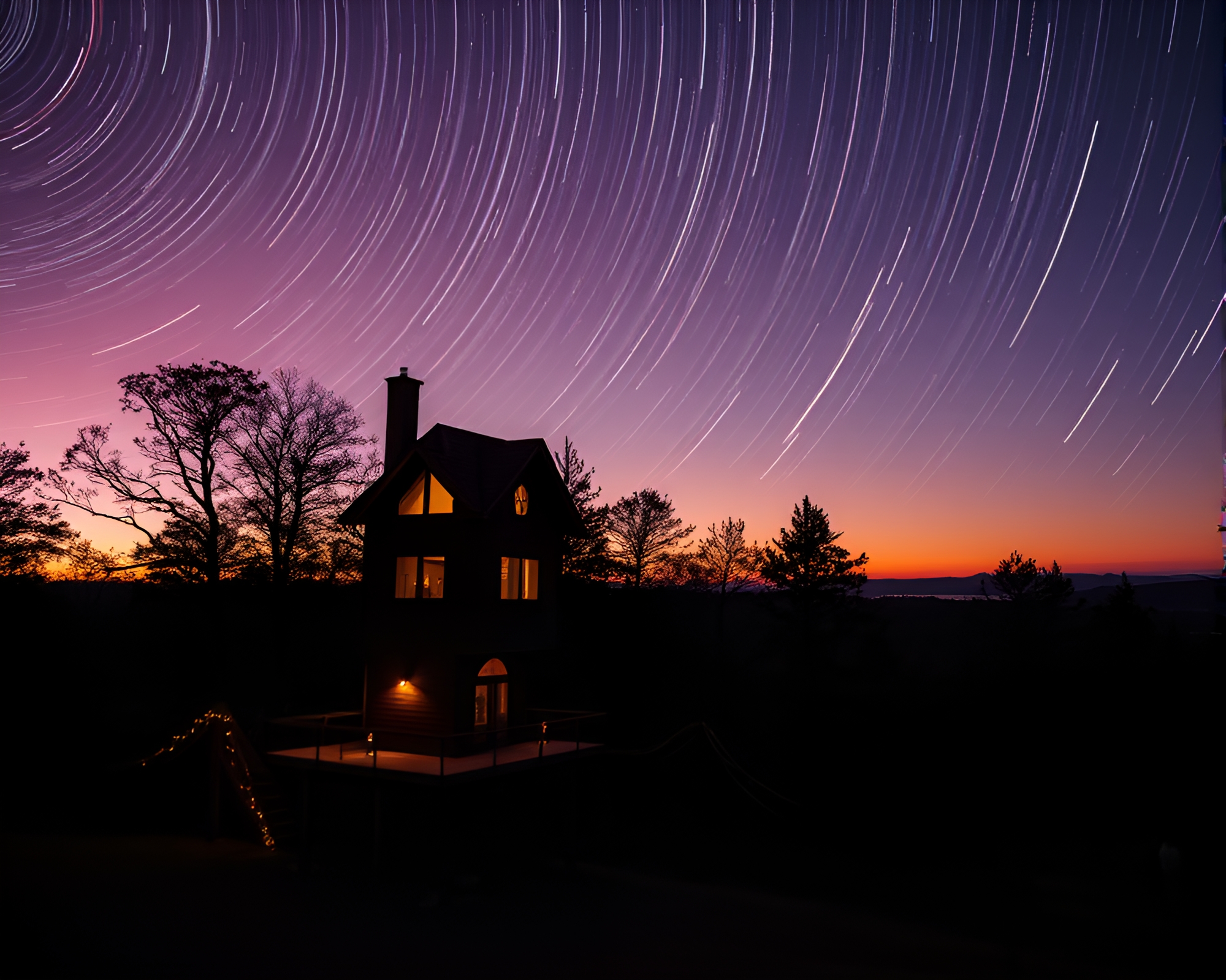 Enchanting Treehouse under Celestial Star Trails – free AI stock image