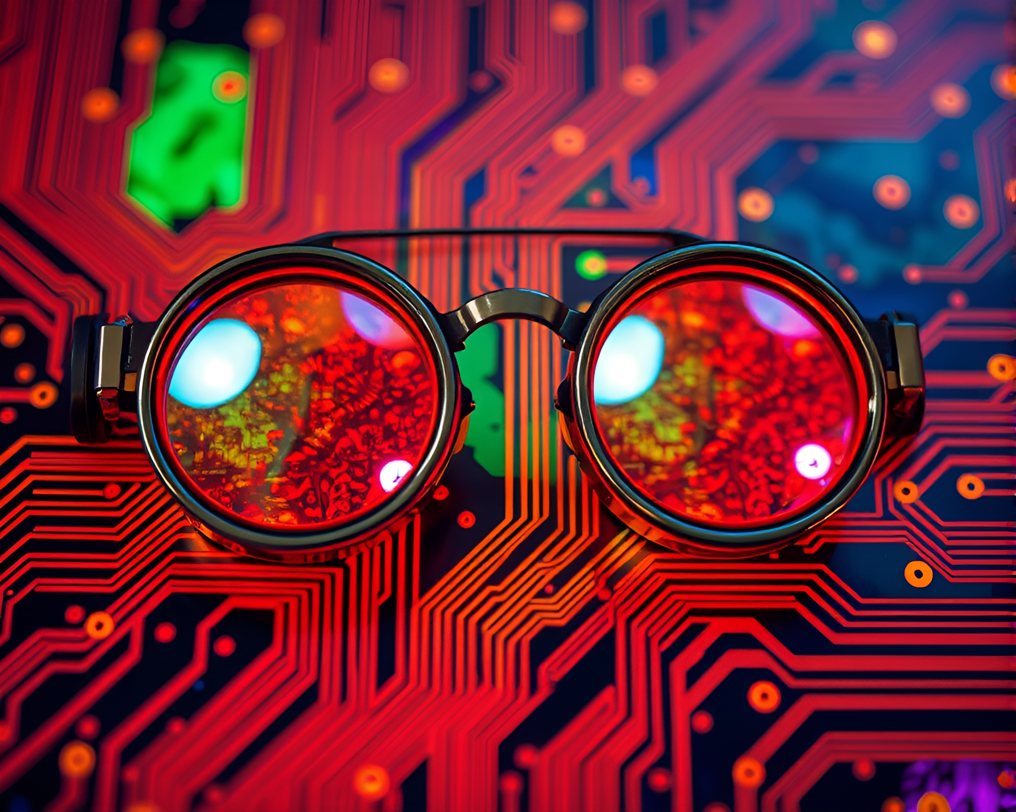 Steampunk Goggles on Circuit Board with Stained Glass Effect – free AI stock image