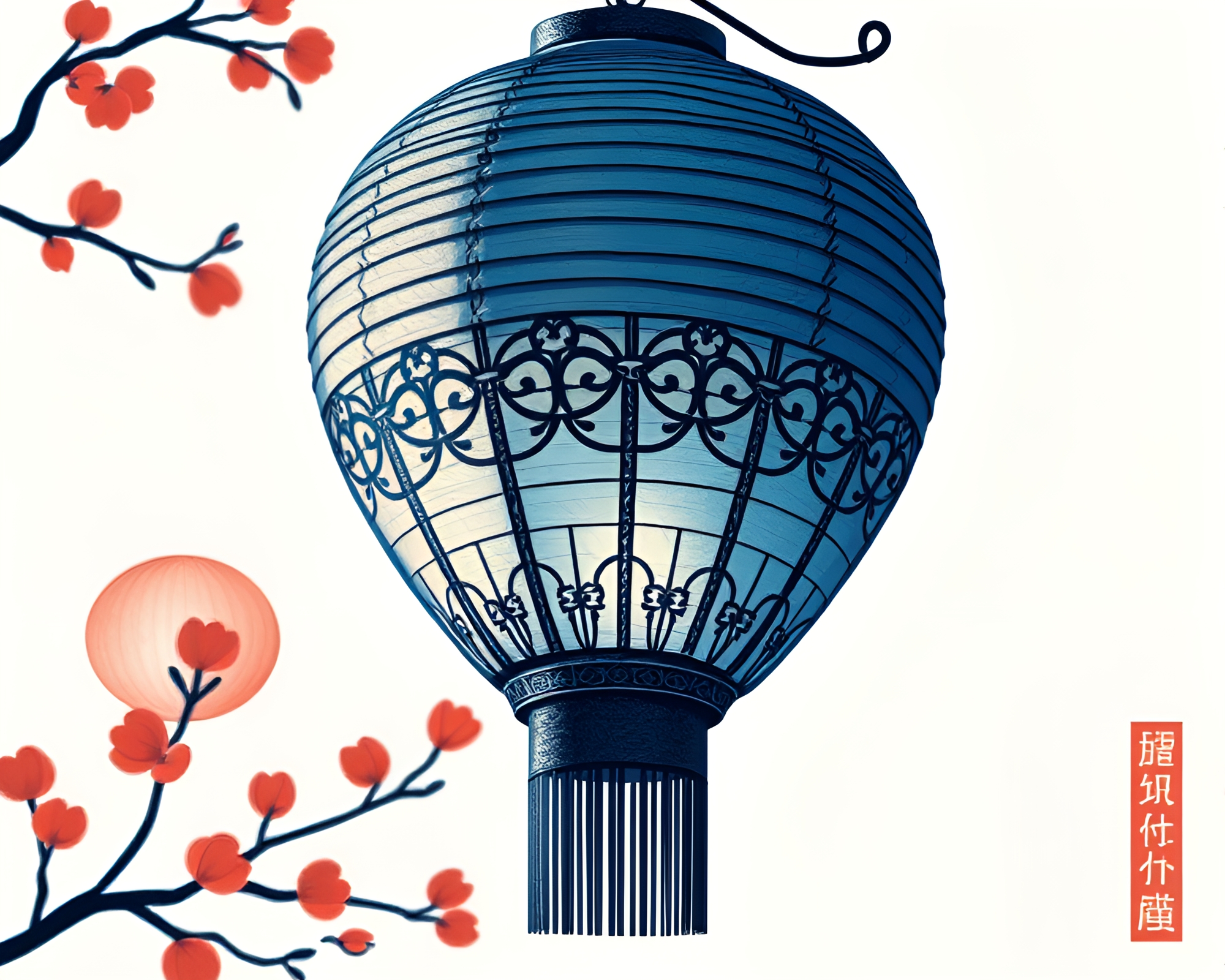 Stitched Paper Lanterns in Sapphire Calligraphy Glow – free AI stock image