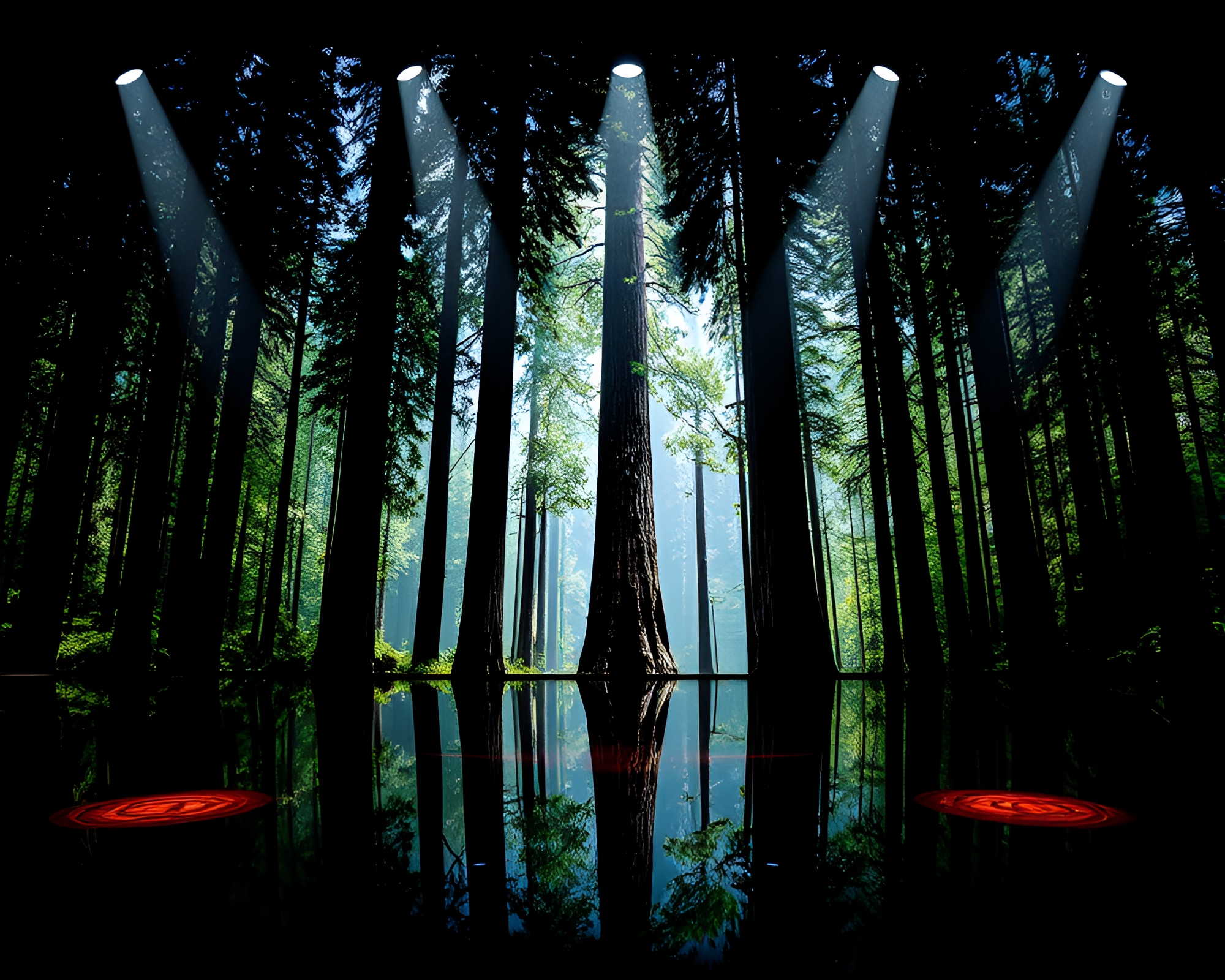 Chrome Reflection of Redwood Tree in Stage Spotlight – free AI stock image