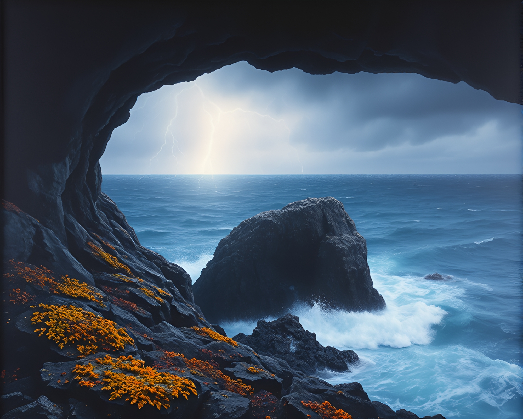 Lichen-Covered Cave Entrance in Stormy Ocean Colors – free AI stock image