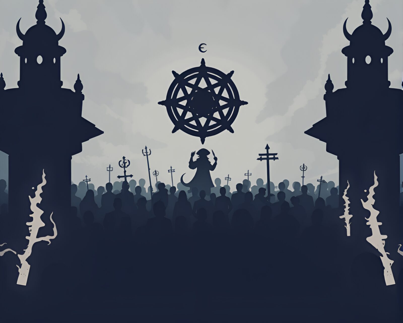 Silhouettes of a crowd with alchemical symbols in 16-bit art style