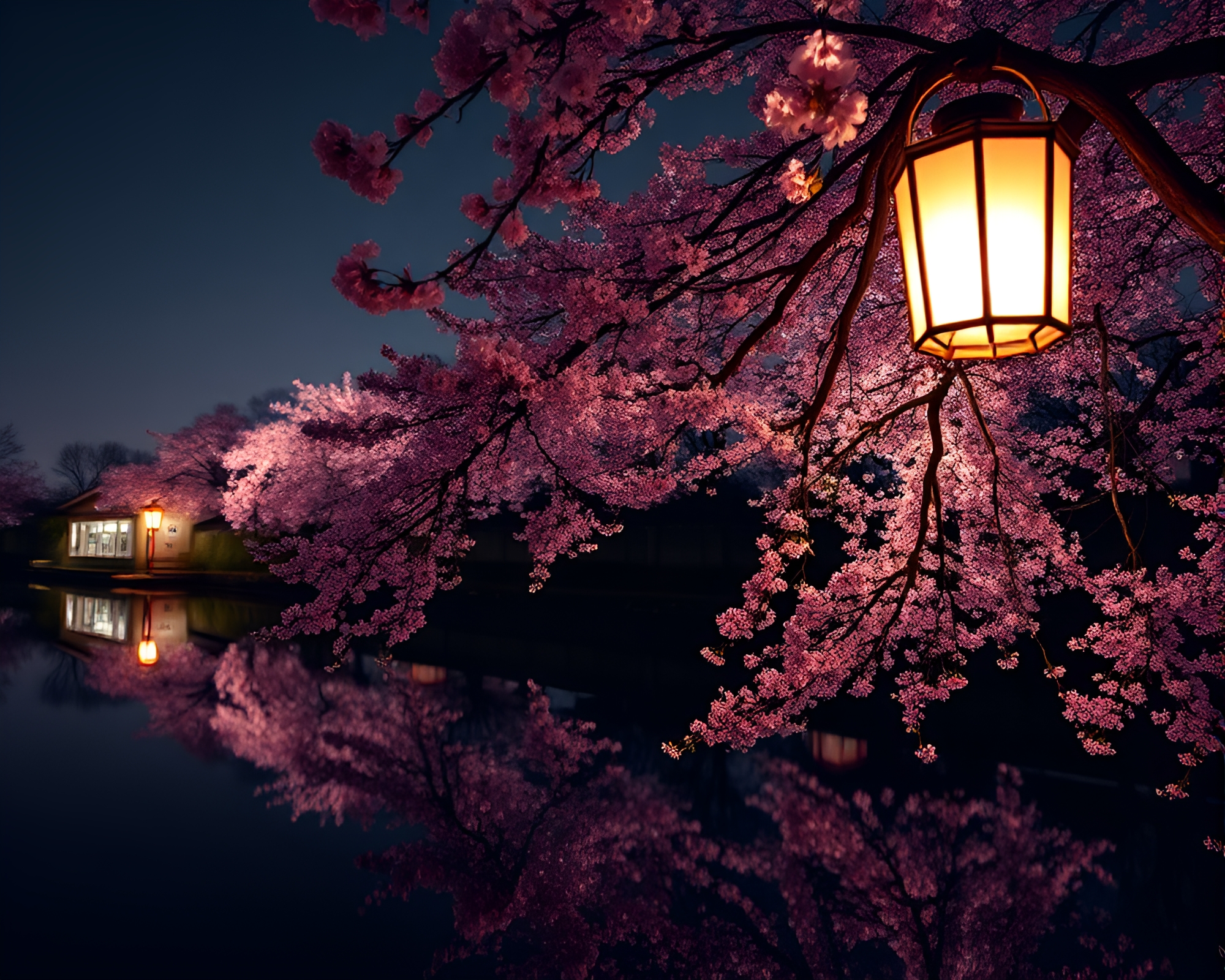 Cherry Blossom Tree Silhouette Reflection in Lantern Light – free AI stock image