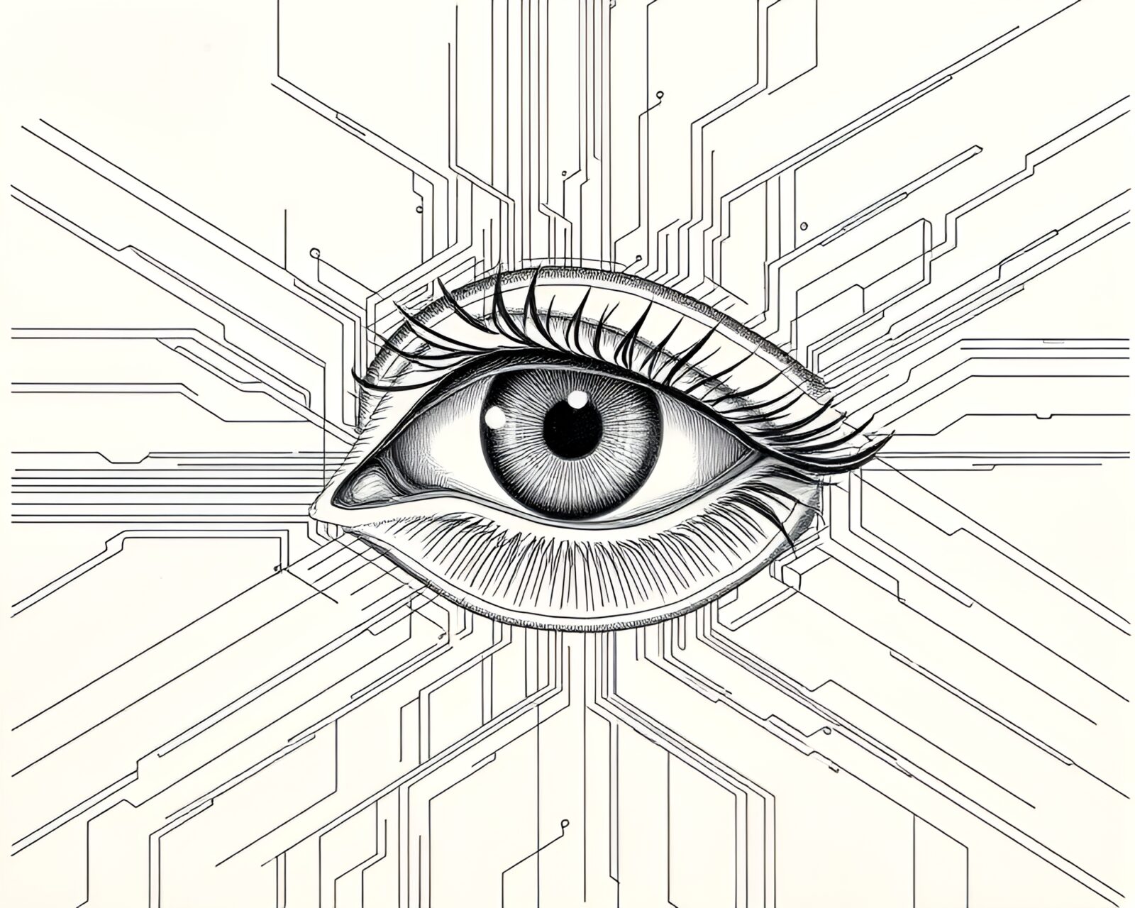 Detailed ivory white isometric cybernetic eye in etched style