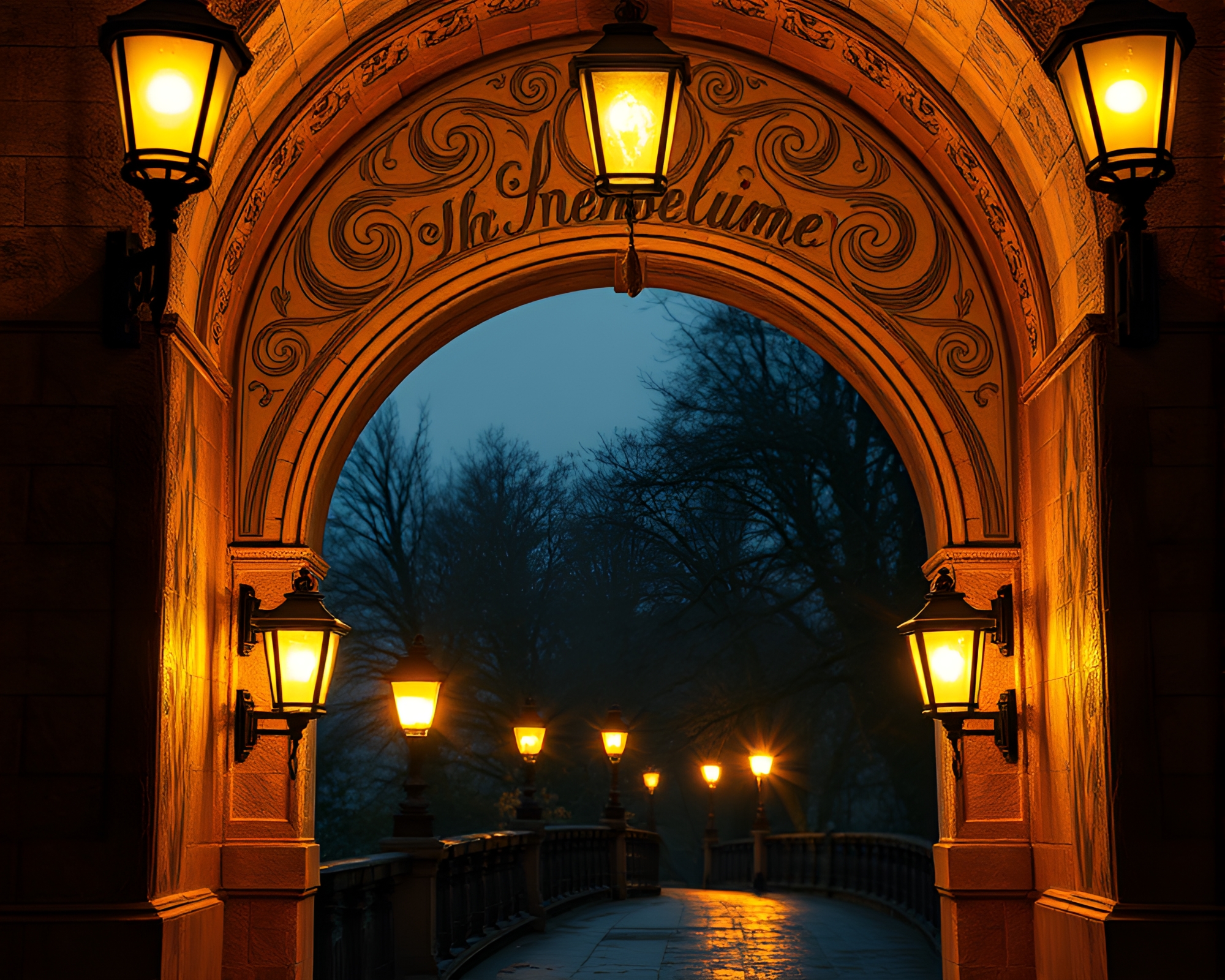 Engraved Arch Bridge Illuminated by Warm Porchlight Calligraphy – free AI stock image