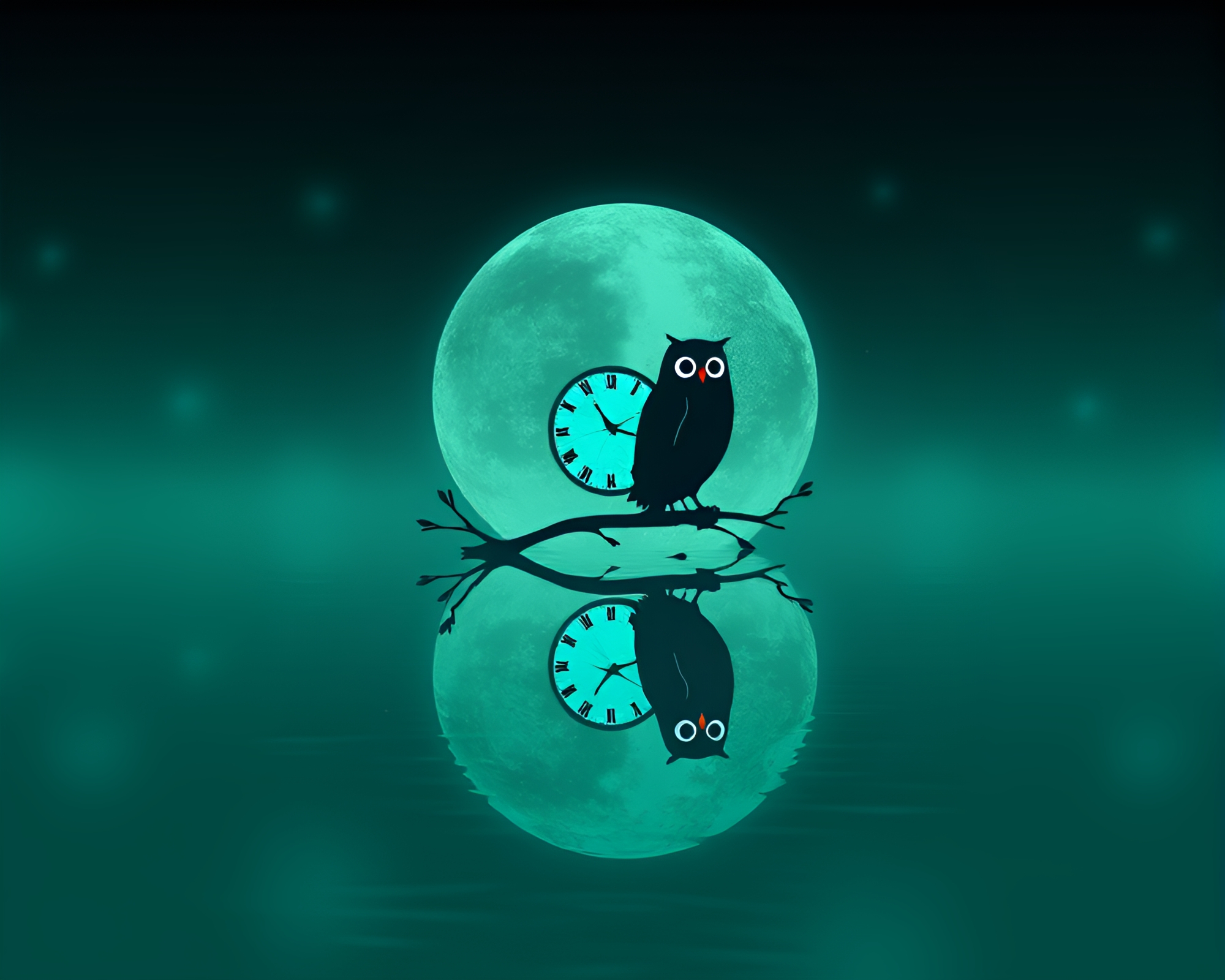 Clockwork Owl Reflection Silhouette in Turquoise Calm – free AI stock image