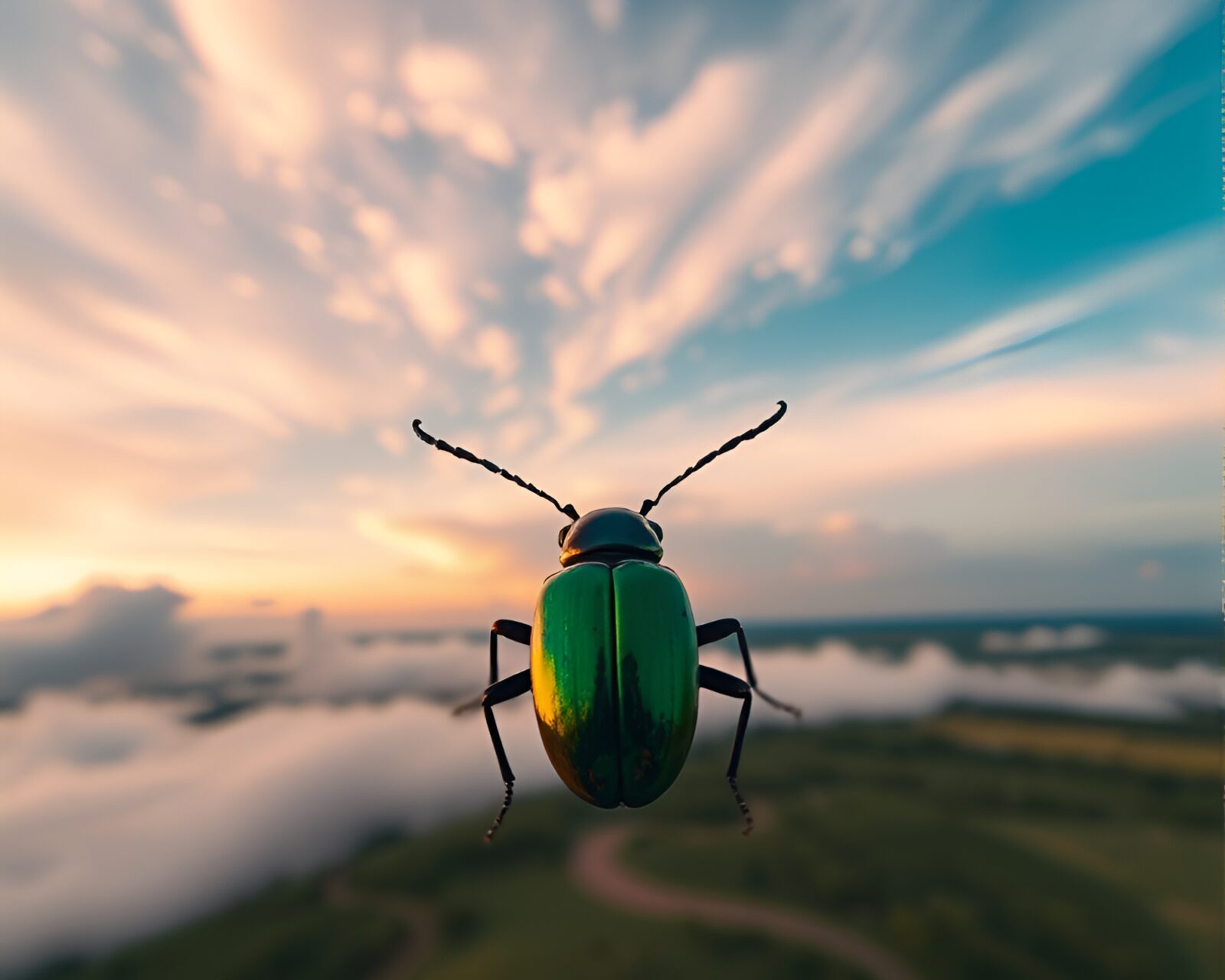 Tilt-shift photo of a beetle in a colorful sky