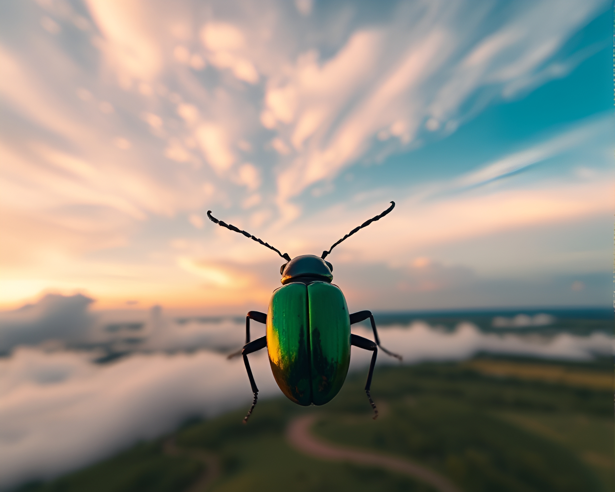 Dreamscape: Beetle beneath surreal cloud formations – free AI stock image