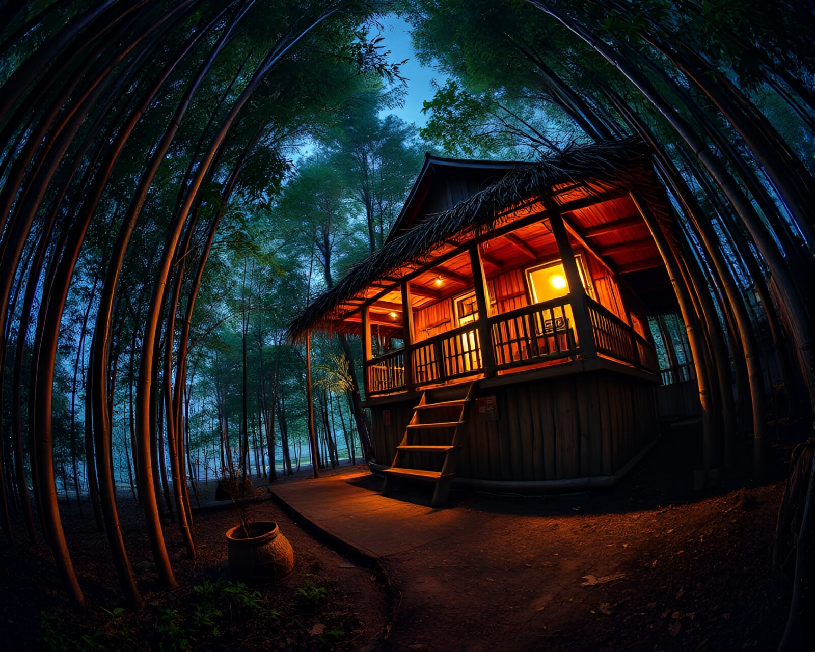 Dreamy bamboo hut under stardust sky with fisheye effect