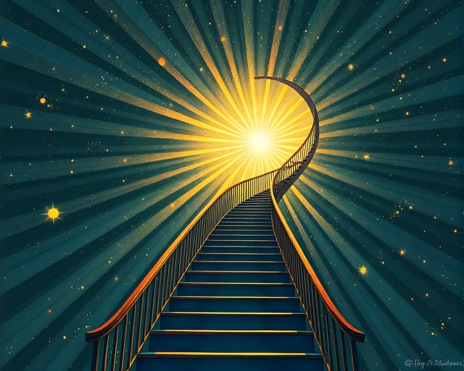 Illustration of a cosmic-themed Escher-like staircase for children's book
