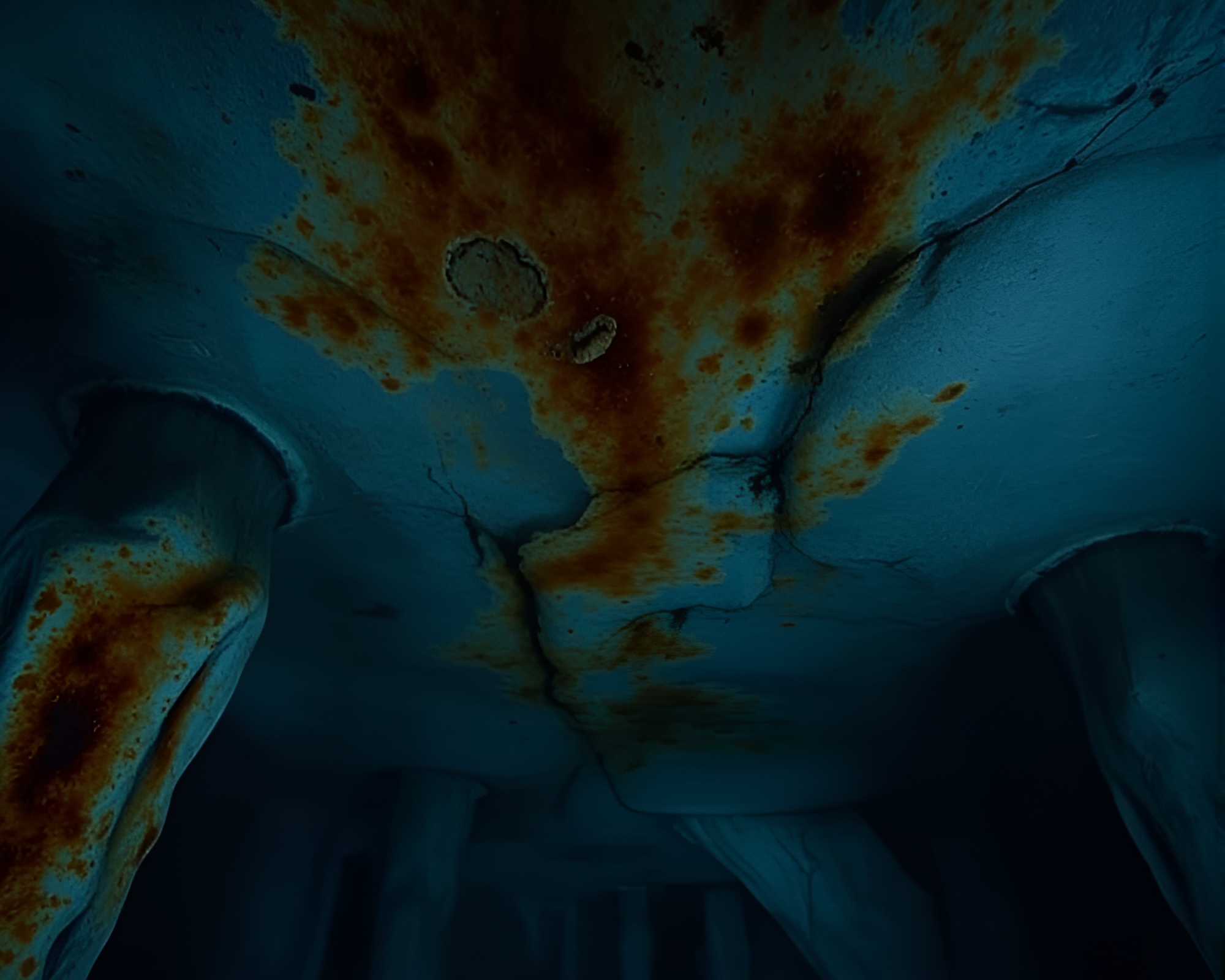 Rust-Stained Rainforest: X-Ray Canopy in Basement Light – free AI stock image