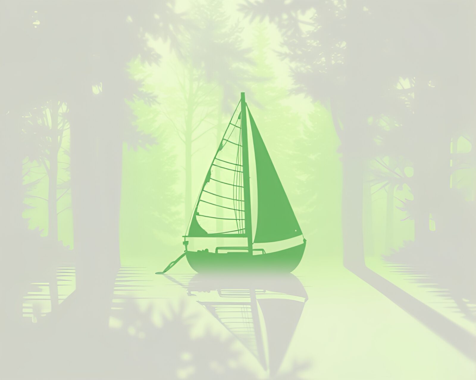 Majestic sailboat sails through ethereal green forest with shadows