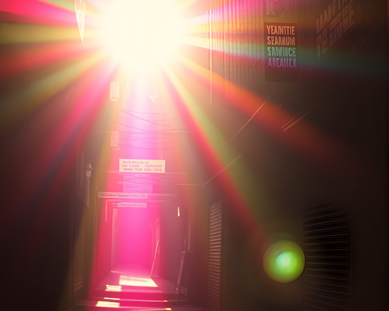 Backlit figure in neon cyber alley with vibrant lens flare